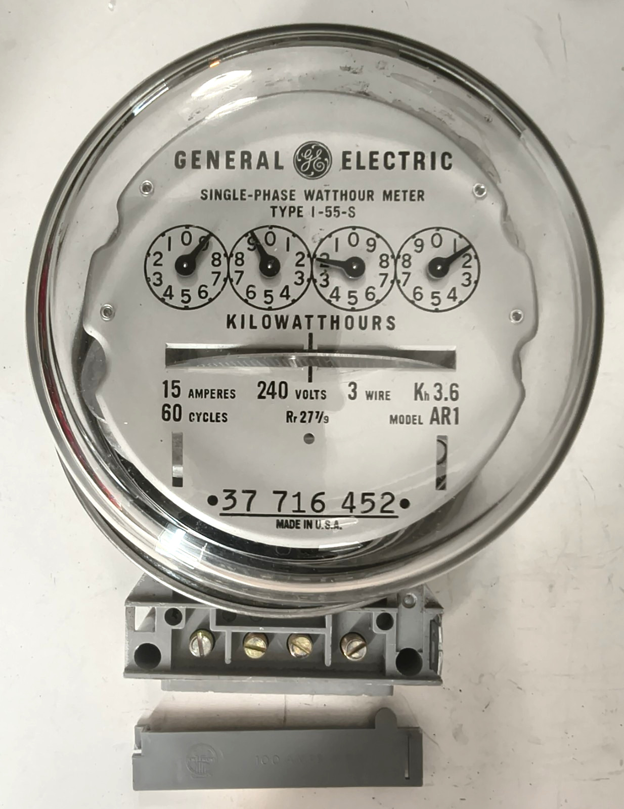 GE Single Phase Watthour Meter Type I-55-S 240V 3W Model AR1.  Tested?