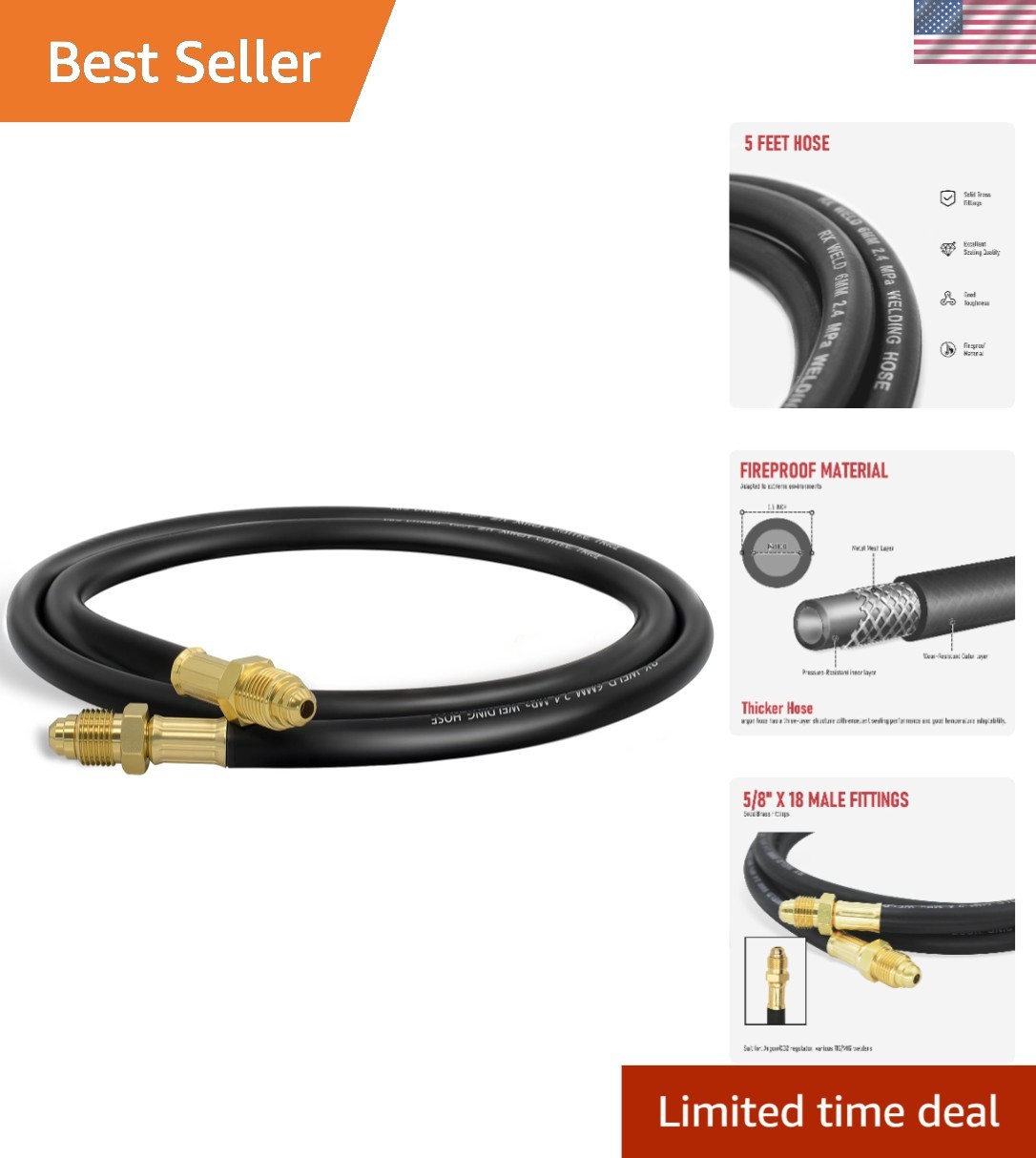 5 Feet High-Pressure Argon Hose with Standard Brass Nuts - Safe Welding Solution