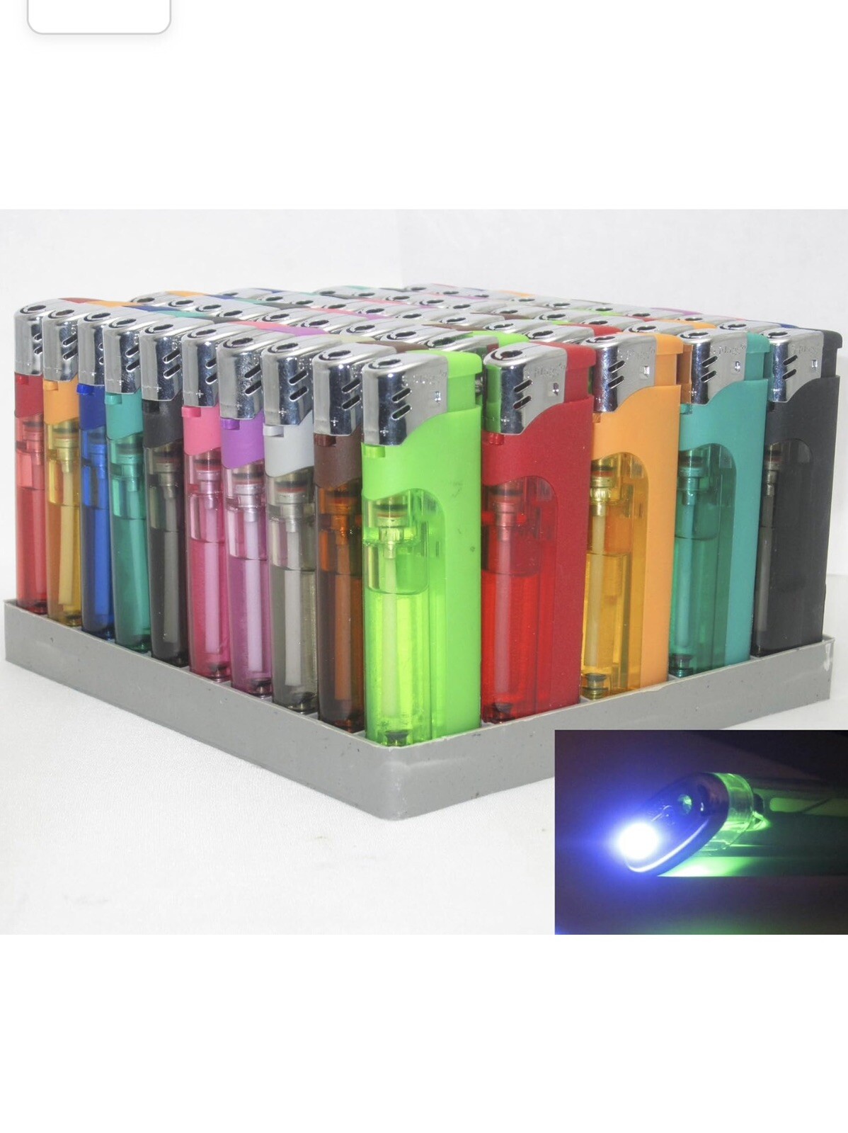 10  Pack 5-Flags Refillable Butane Lighter Ass. Colors White LED  #80-82LED-W