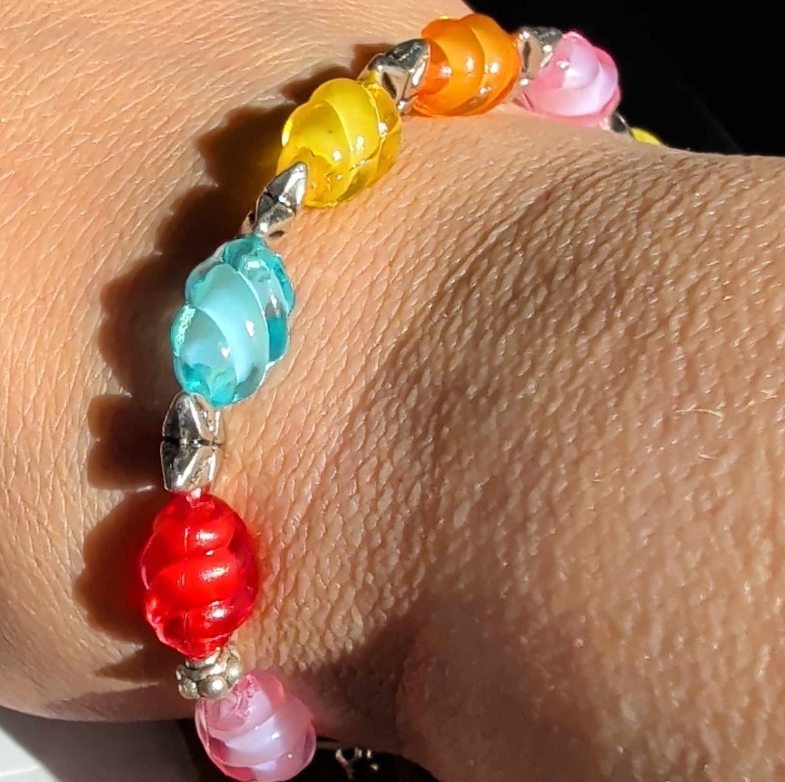 Beaded Bracelet Multicolor Plastic Round Beads Silver Accents Stretch Handmade
