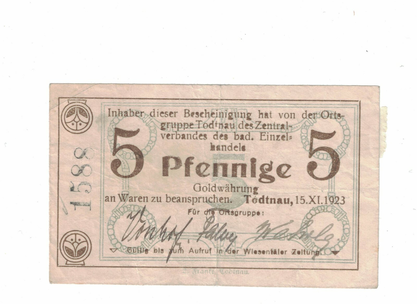 GERMANY 5 Gold Fennig 15/11/1923. (#1729)