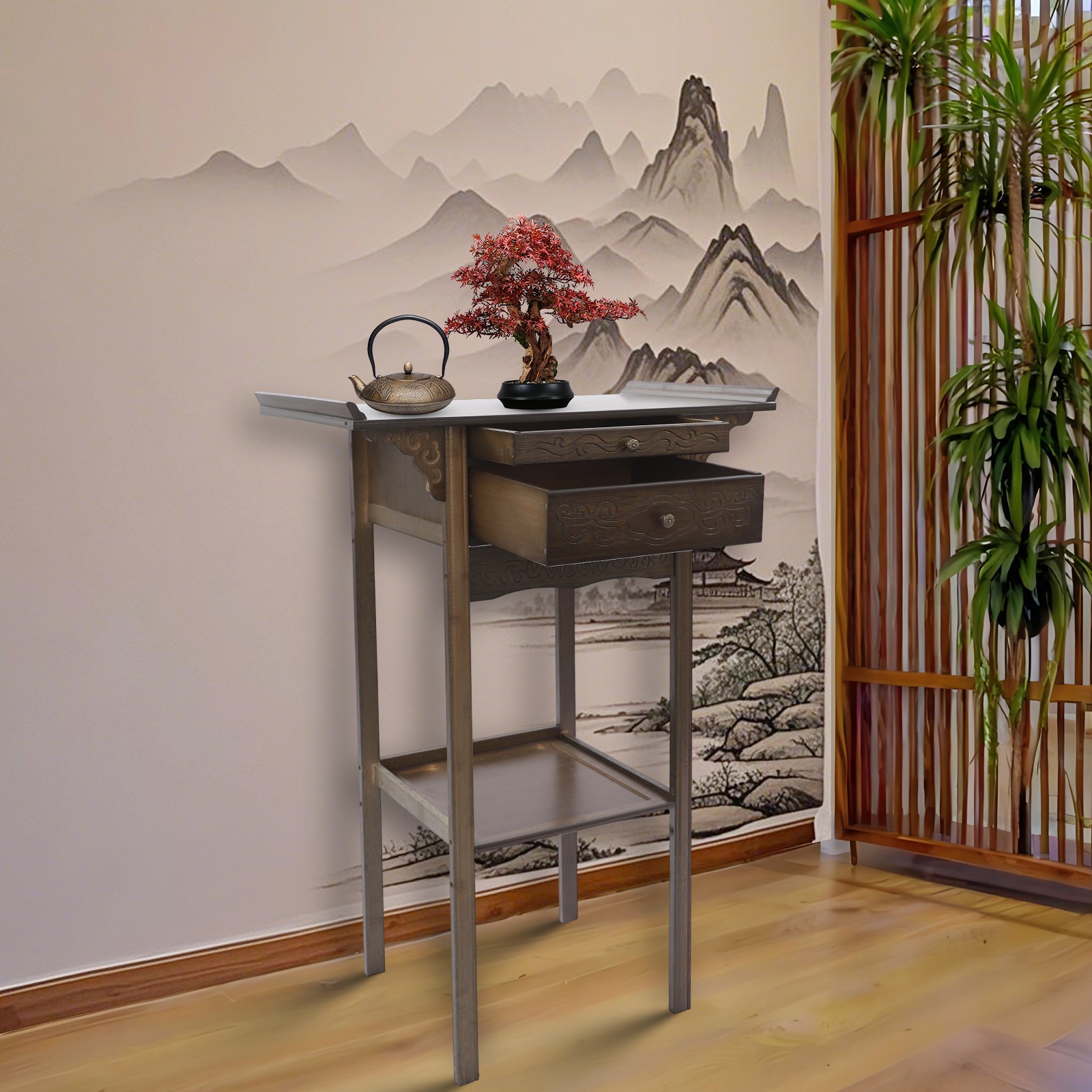 2 Tier Altar Table with Drawers, Altar Table with Storage, Meditation Table