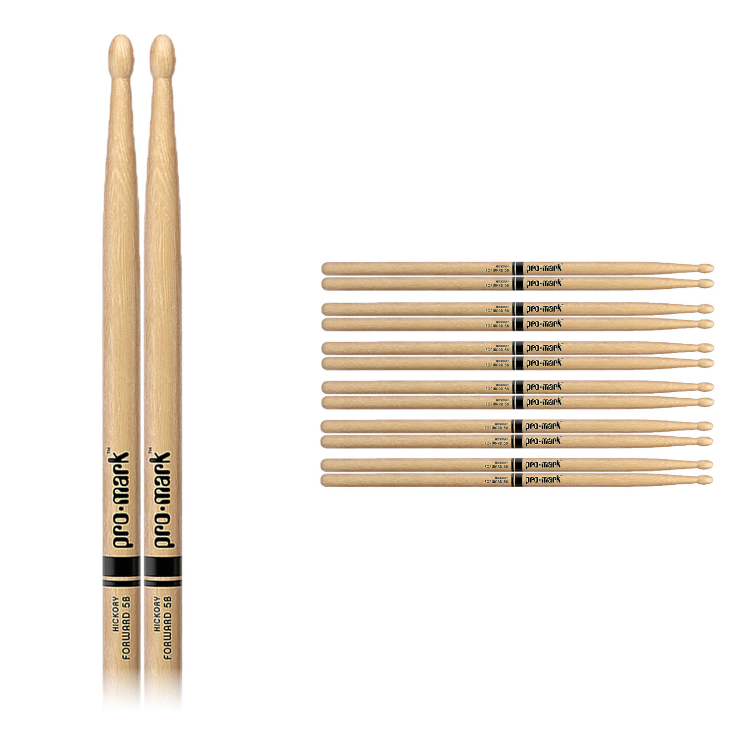 6 Pair ProMark 5B Wood Oval Tip Medium Taper Hickory Drumsticks / TX5BW