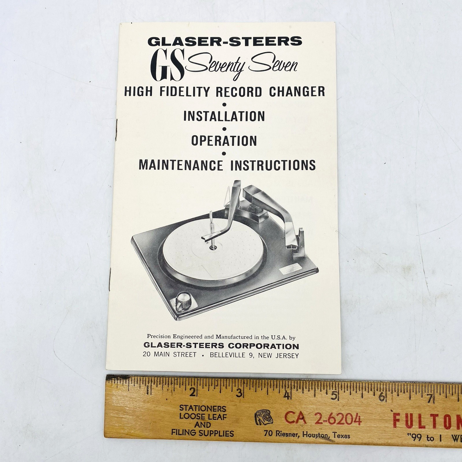 Glaser-Steers GS-77 Record Changer Installation Operation Manual + Template