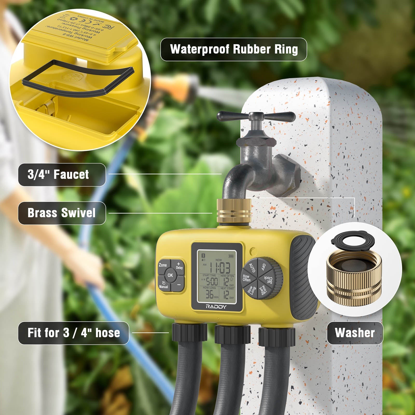 Raddy WS-8 3-Zone Sprinkler Timer: Large LCD, IPX5 Waterproof & Rain Delay