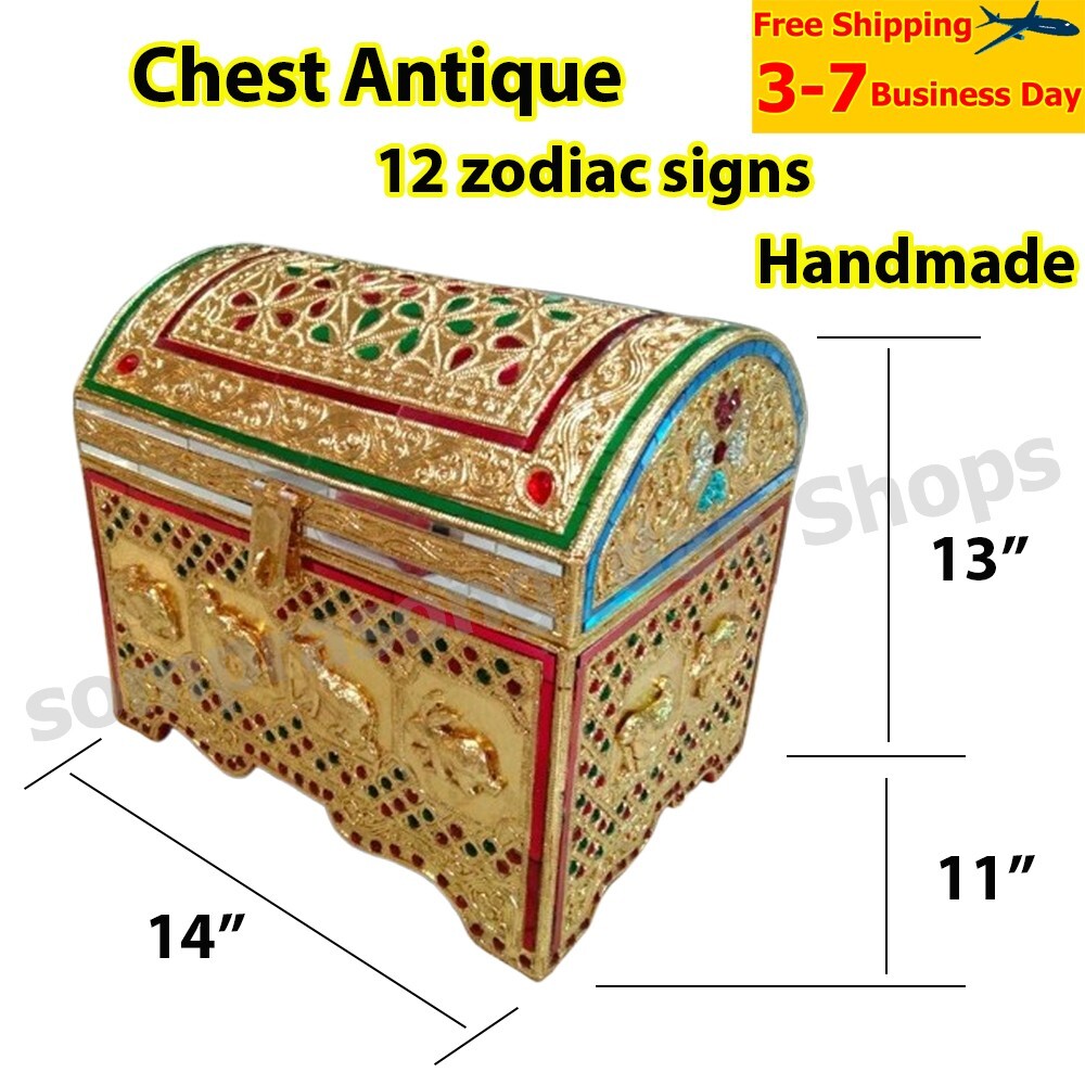 Handmade Antique Treasure Chest 12 Zodiac Signs Jewelry Keepsake Box