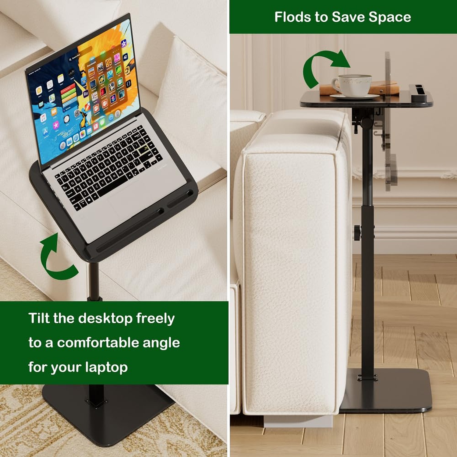 Adjustable Bamboo C Table for Couch, 360° Swivel Laptop Table | Height-adju