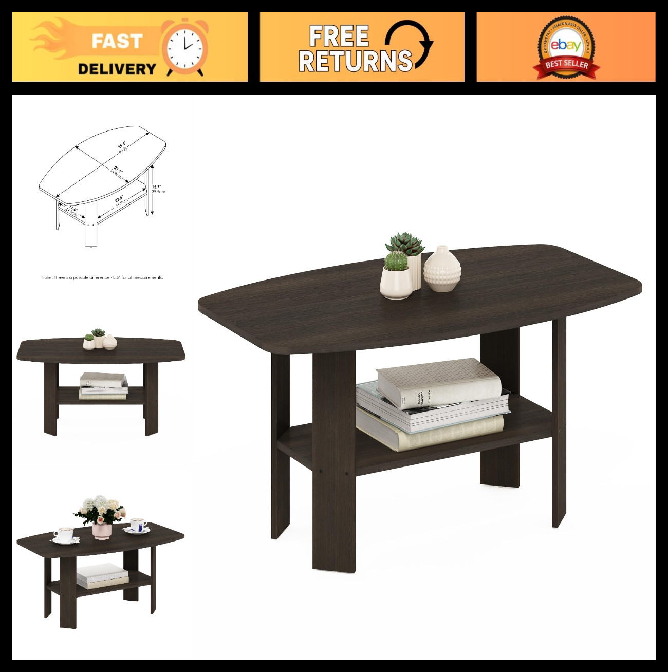 Modern Dark Brown Coffee Table with Open Shelf - Small Side Table for Living Roo