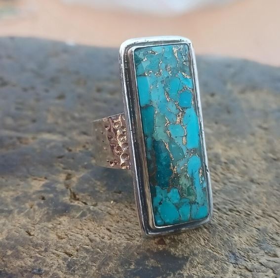 Handmade Blue Copper Turquoise Ring 925 Silver Statement Ring All Size R 544