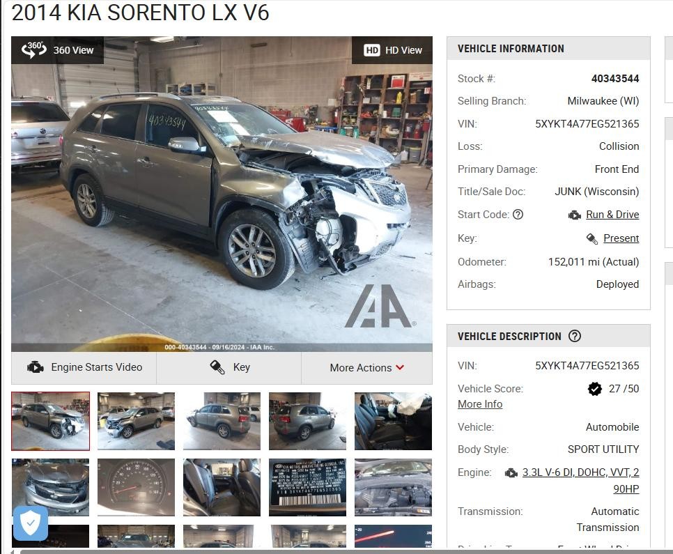 Used Floor Jack fits: 2014 Kia Sorento  Grade A