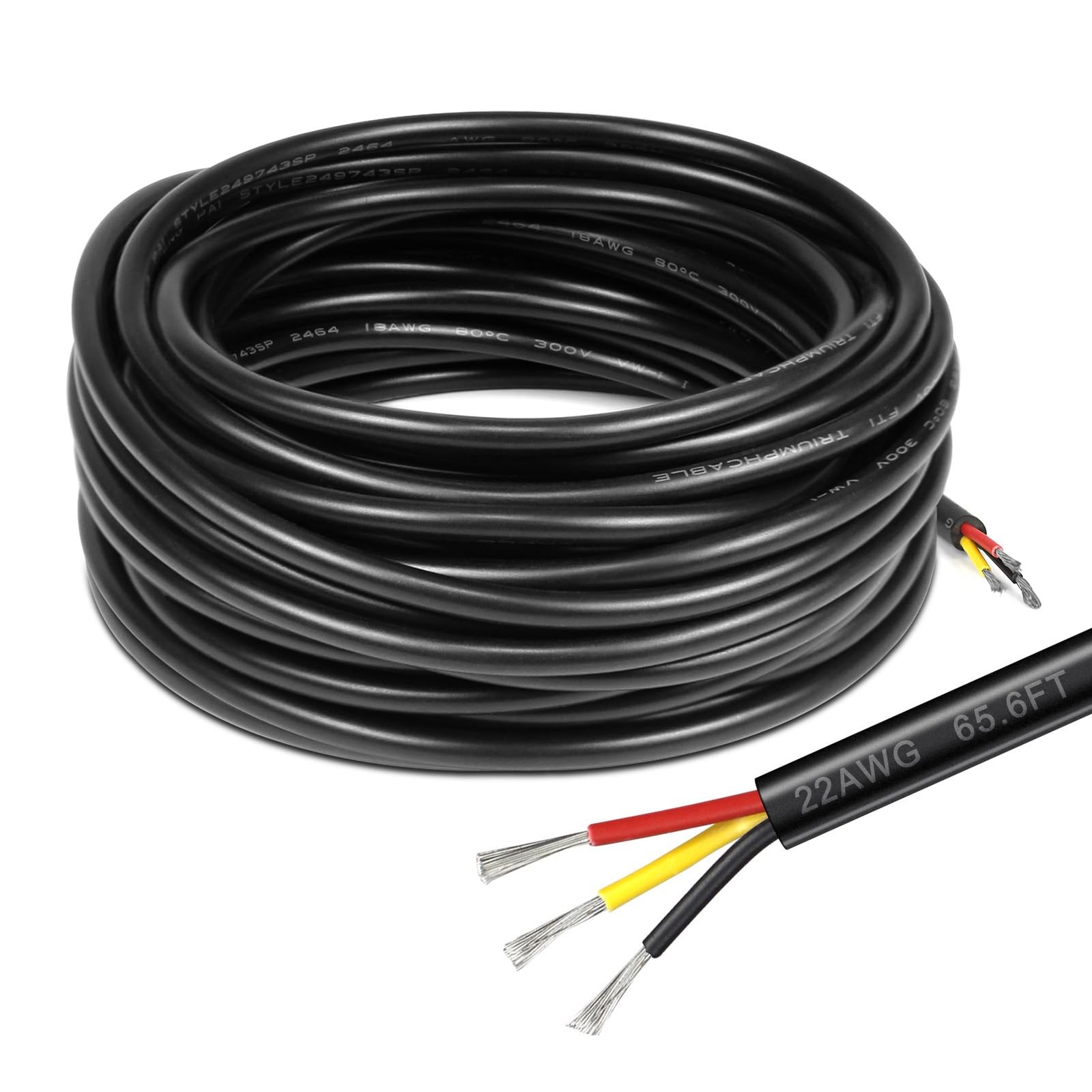 22 Gauge 3 Conductor Electrical Wire, 65.6FT Black PVC 65.6FT/20M, 22AWG-3C