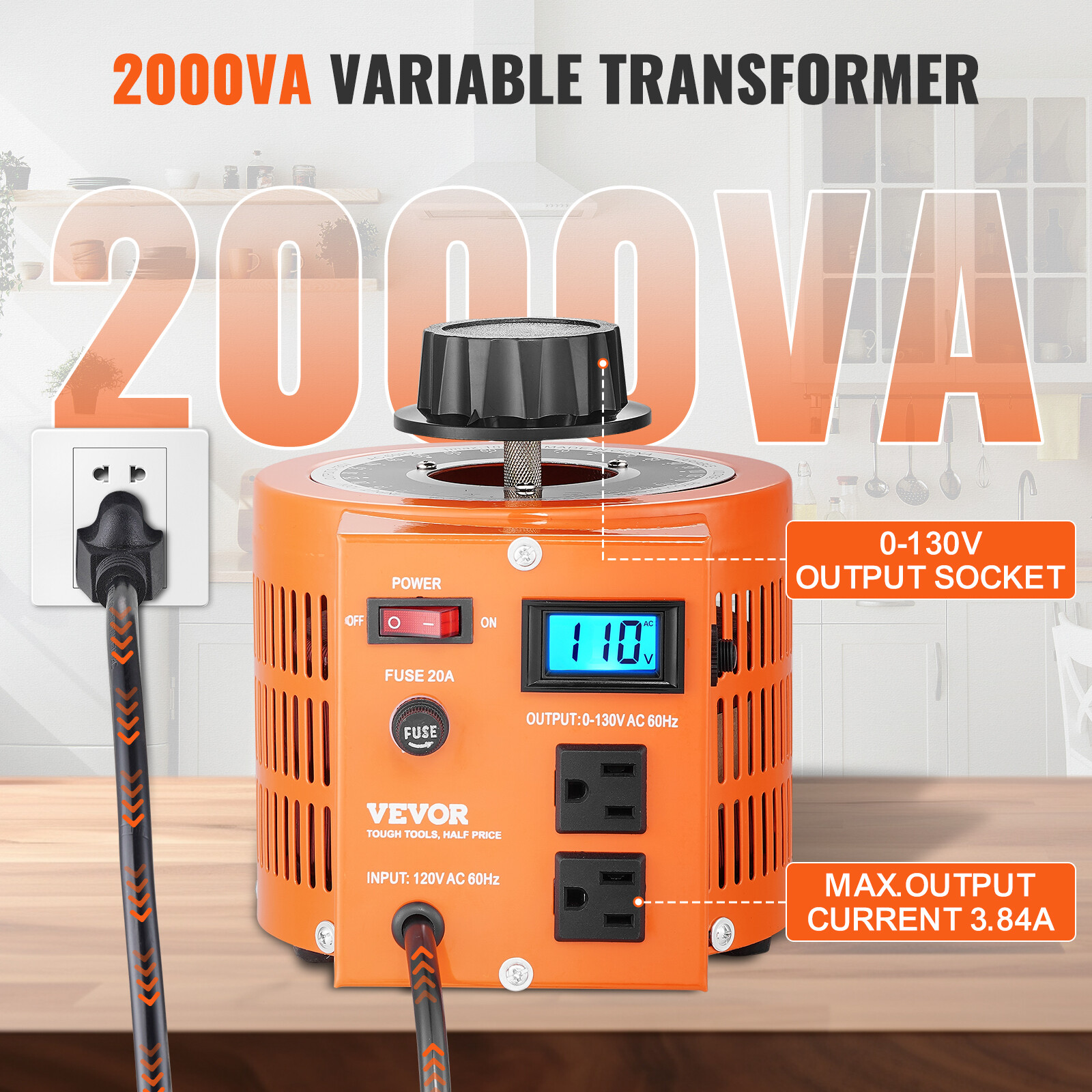 VEVOR Bench Top 20 Amp Variable Auto Transformer with LCD Digital Display