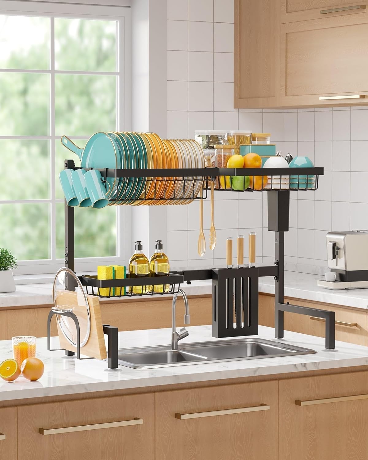 2 Tier Over Sink Dish Drying Rack Adjustable Stainless Steel Black