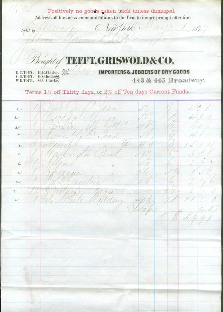 Tefft Griswold & Co Dry Goods invoice NYC 1877