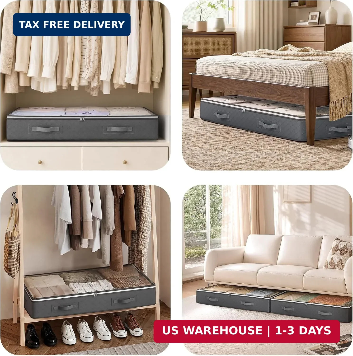 90L Under Bed Storage Containers, 4 Pack Closet Organizers Grey | Foldable under