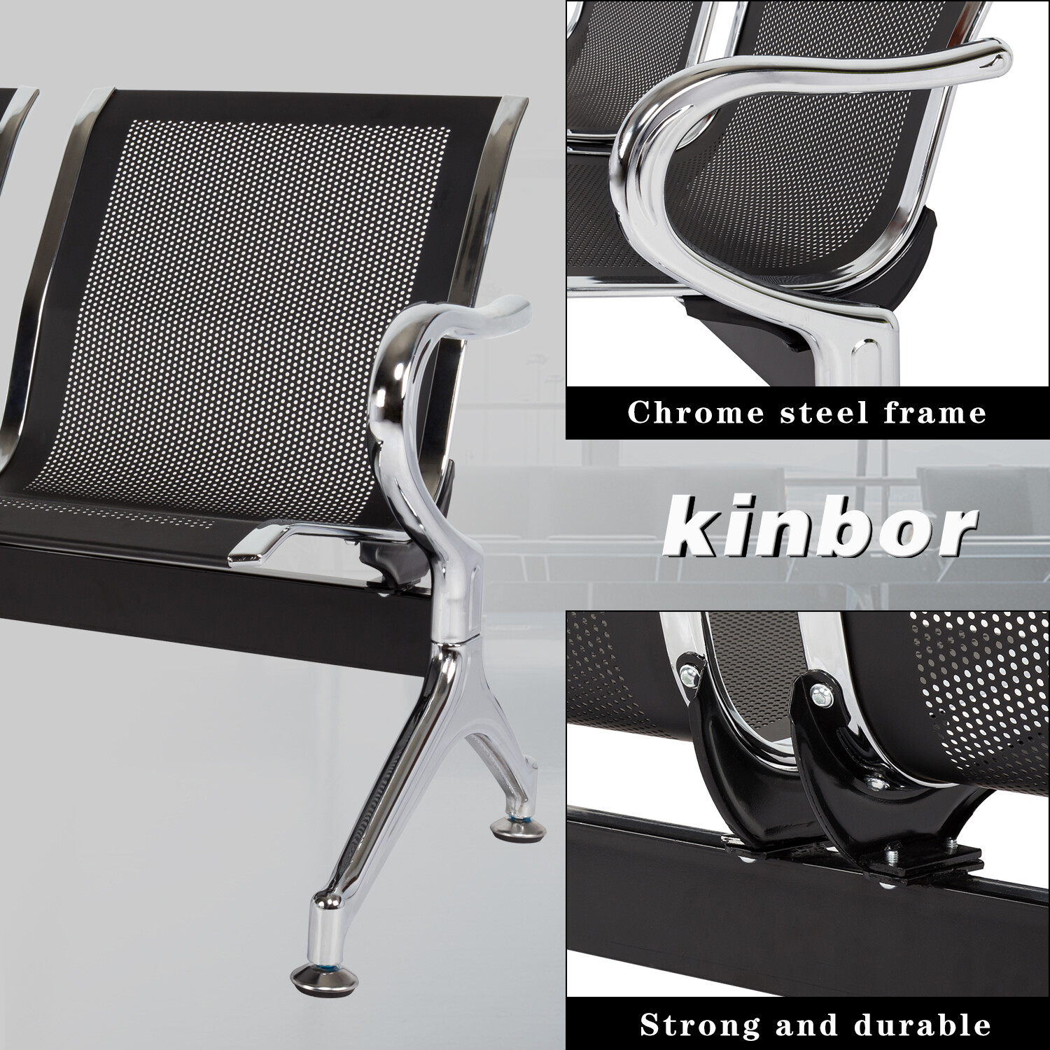 3-Seat Airport Reception Waiting Room Chairs Office Salon Barber Bench Black