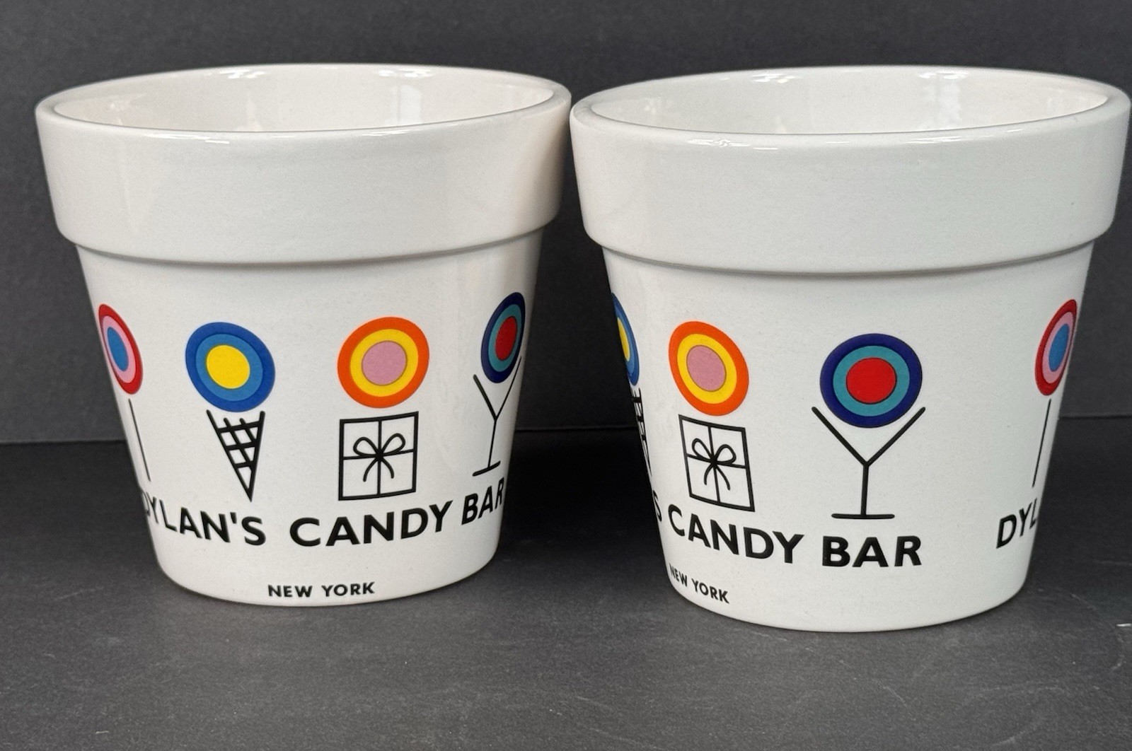 Set 2 Dylan’s Candy Bar Ceramic Flower Pot Planters White Colorful Logo