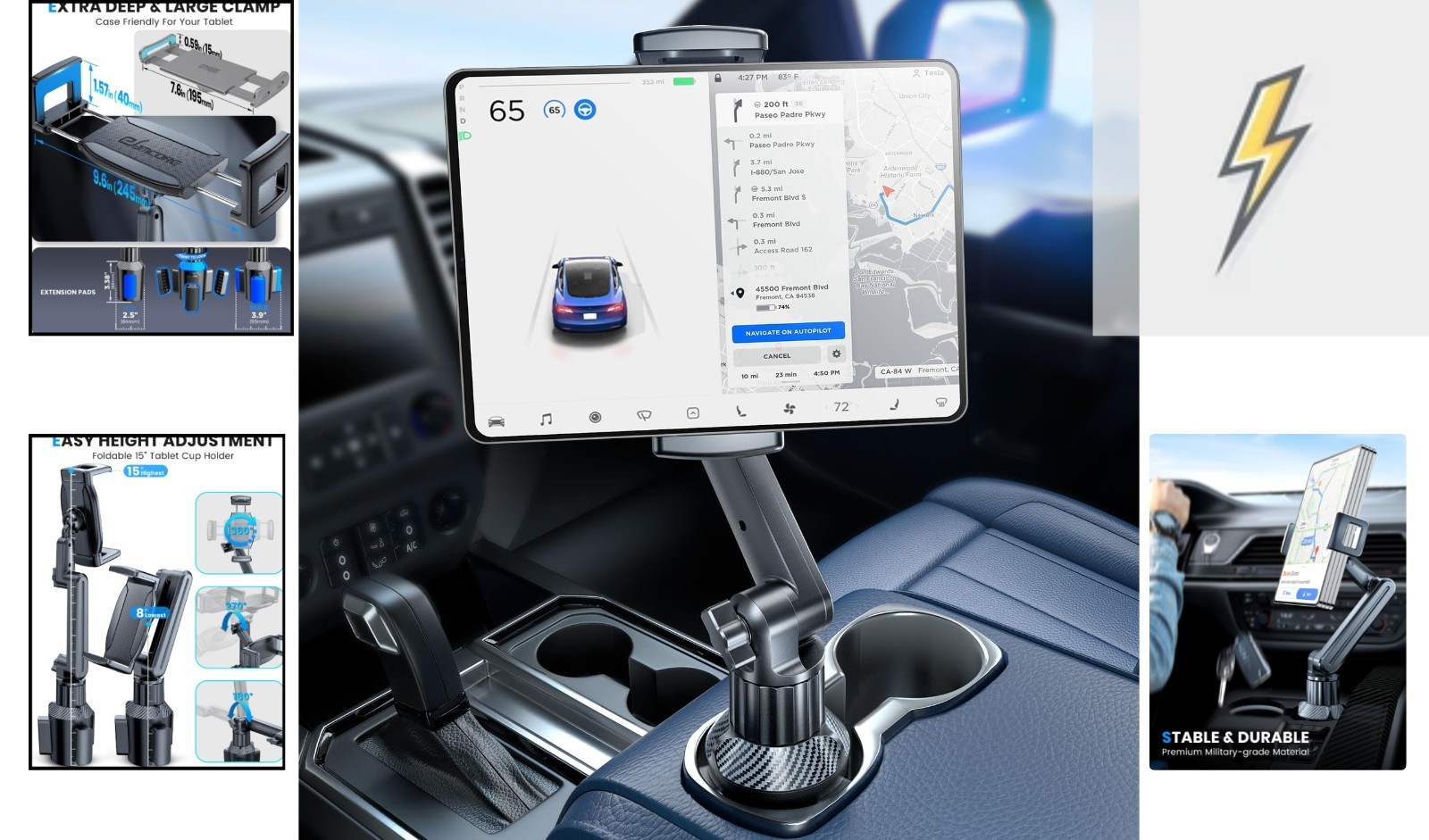 Cup Holder Mount for iPad: 15" Adjustable Height & Secure Grip