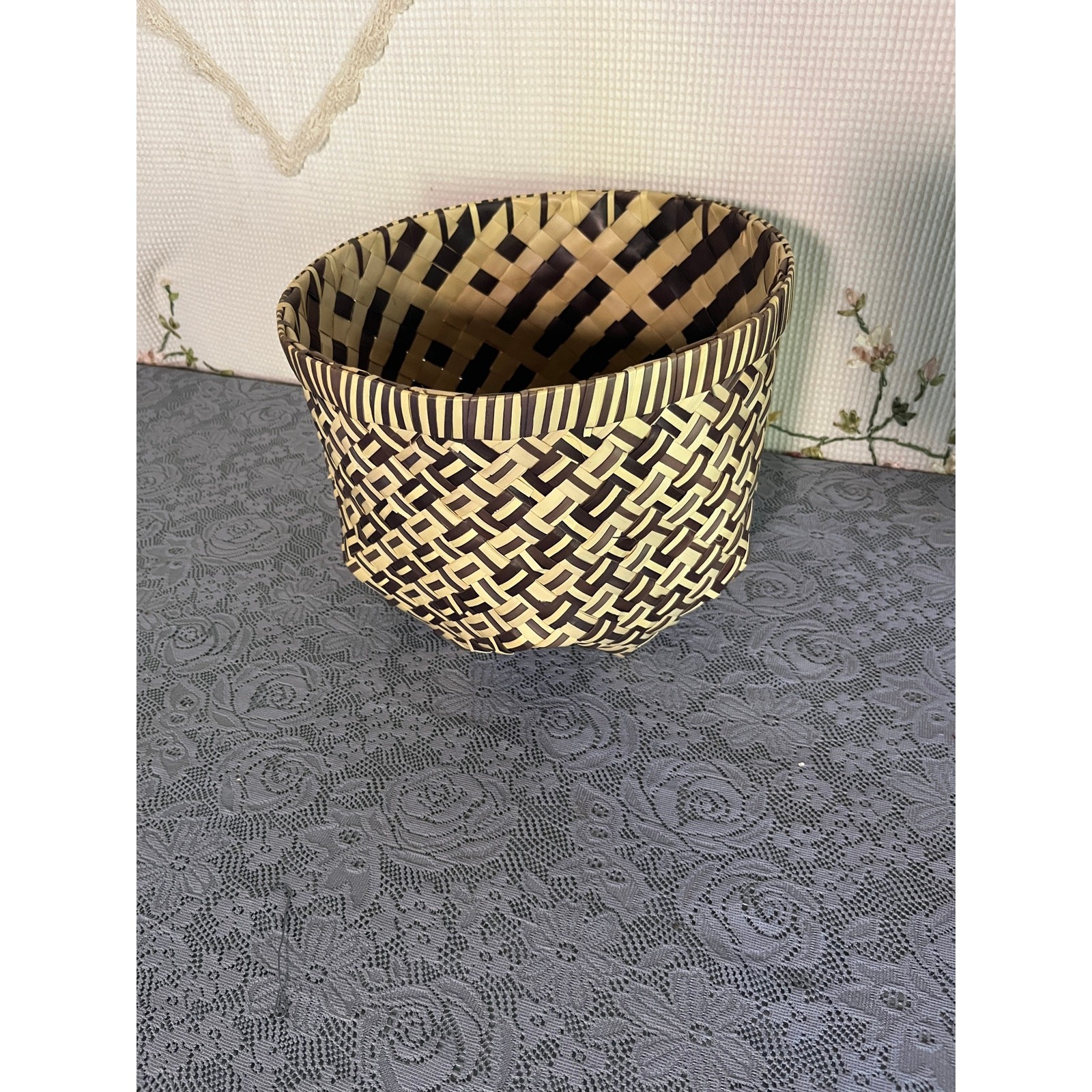 Vietnam Woven Basket Two Tone Black Cream Geometric Handmade Decor Storage