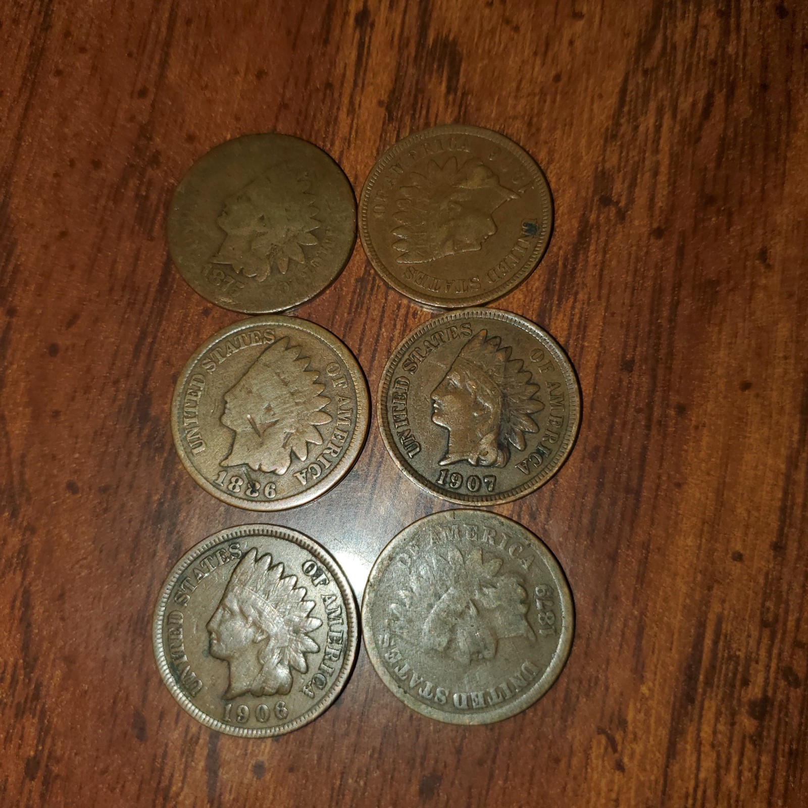 Indian Head Penny Lot Of 6. 1875,1879,1886 Ty2, 1906 X2 ,1907