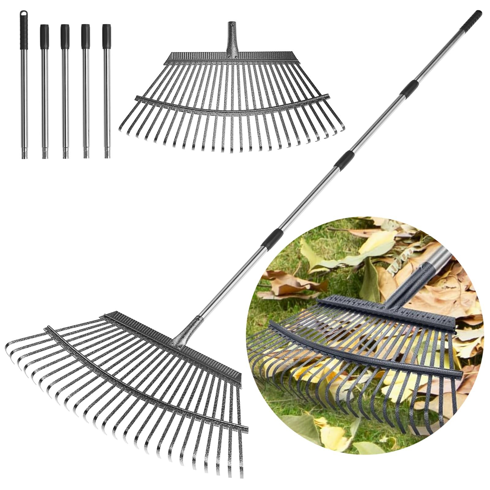 Heavy Duty Expandable Leaf Rake 72" Long, 18" Wide, 25 Reinforced Tines