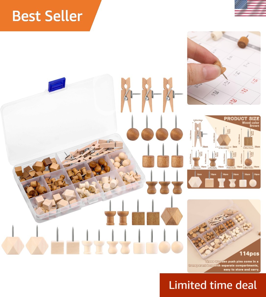 114 Pcs Elegant Wood Push Pins in Coffee and White for Stylish Organization