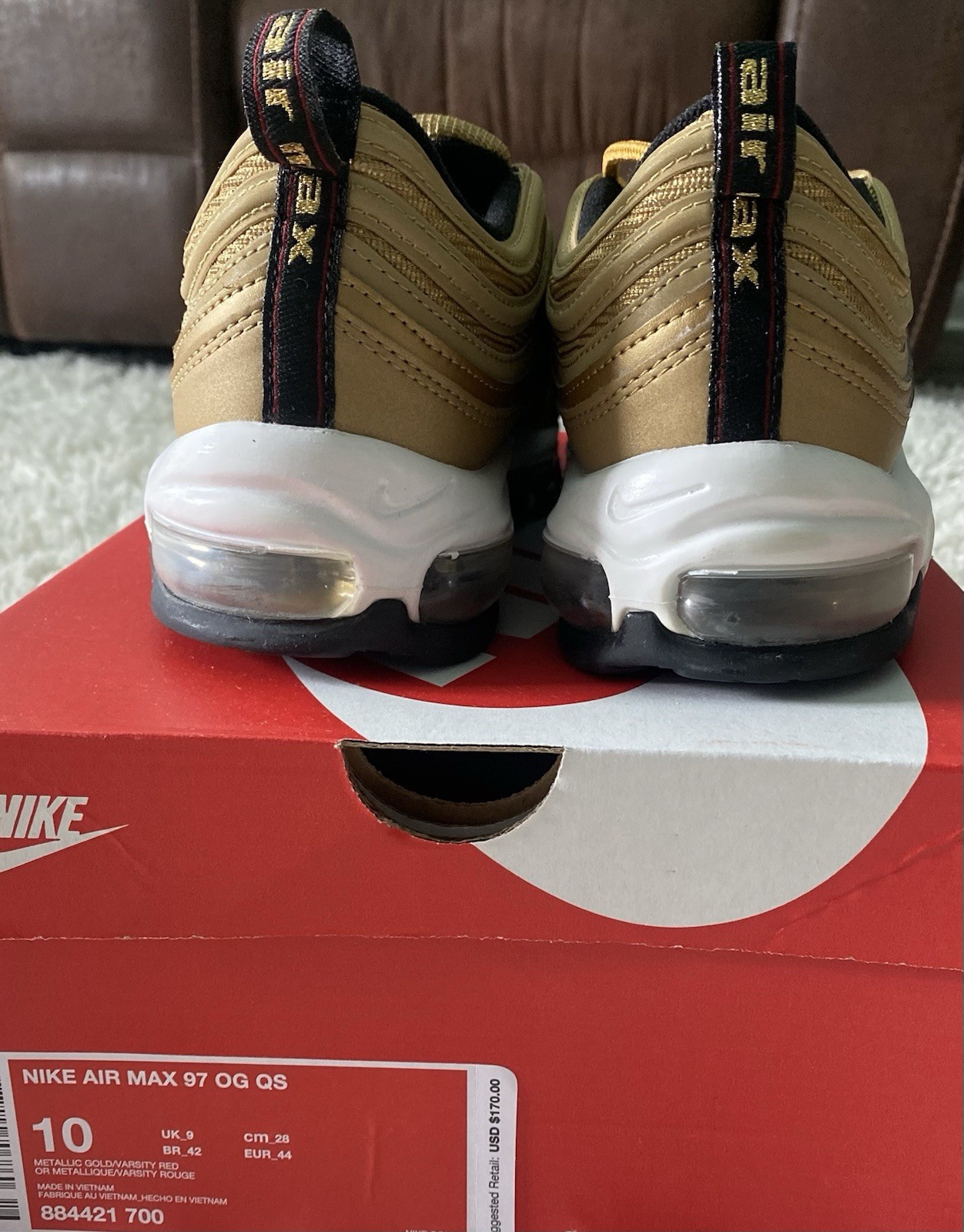 Nike Air Max 97 OG QS Metallic Gold Varsity Red 884421-700 Men's Sneaker 2017