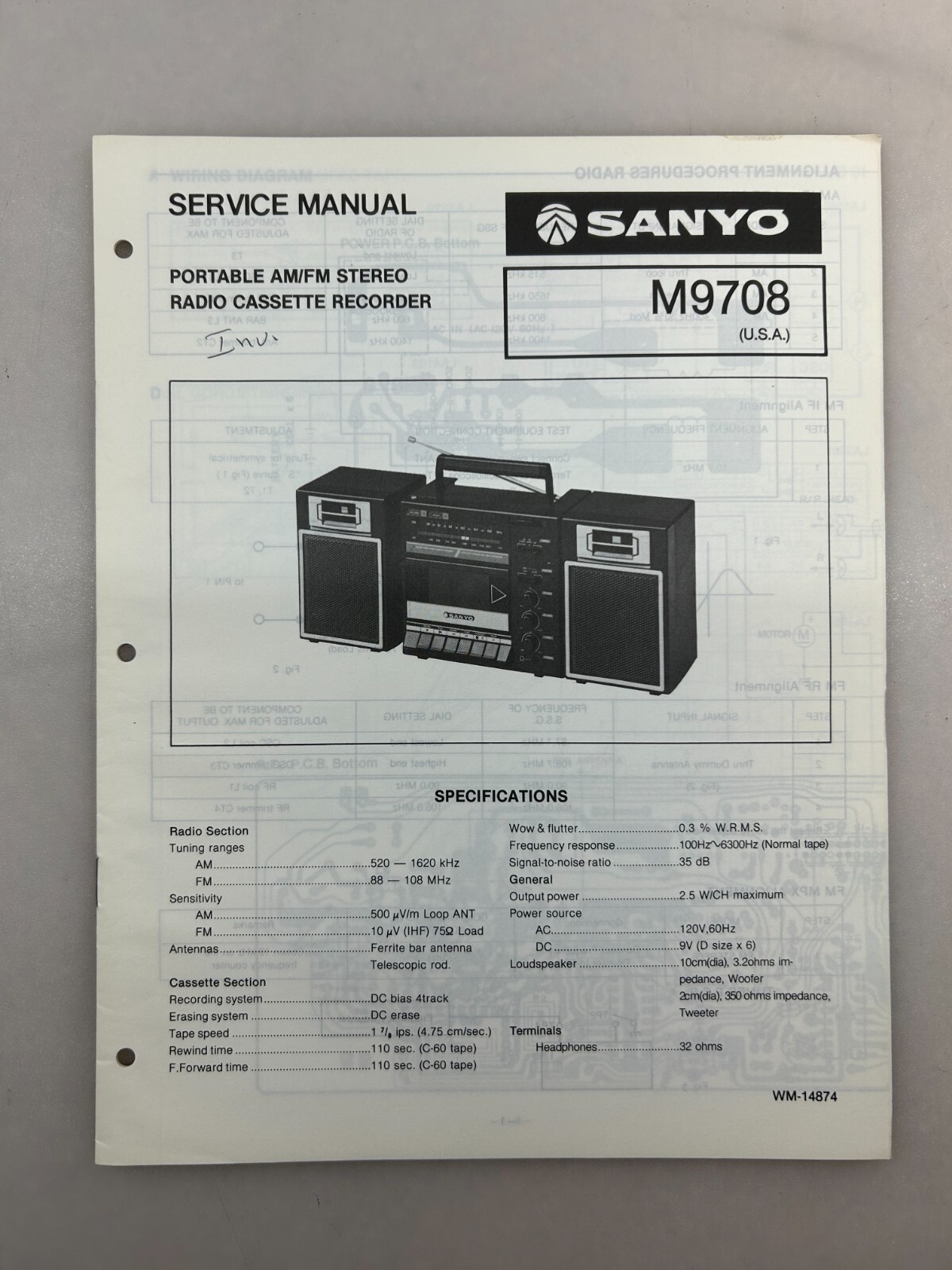 Sanyo M9708 Original Service Manual Free Shipping