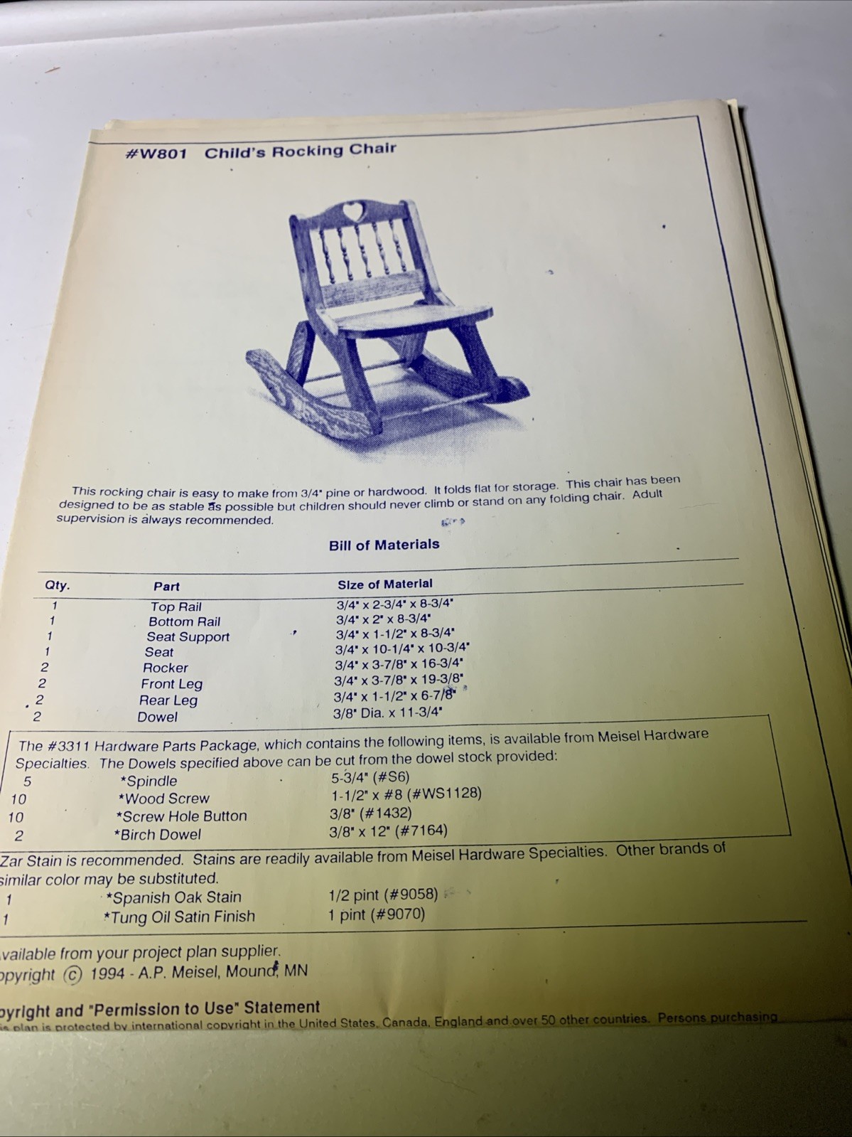 Vtg. Child’s Rocking Chair Woodworking Pattern/Plans W801 (#90)