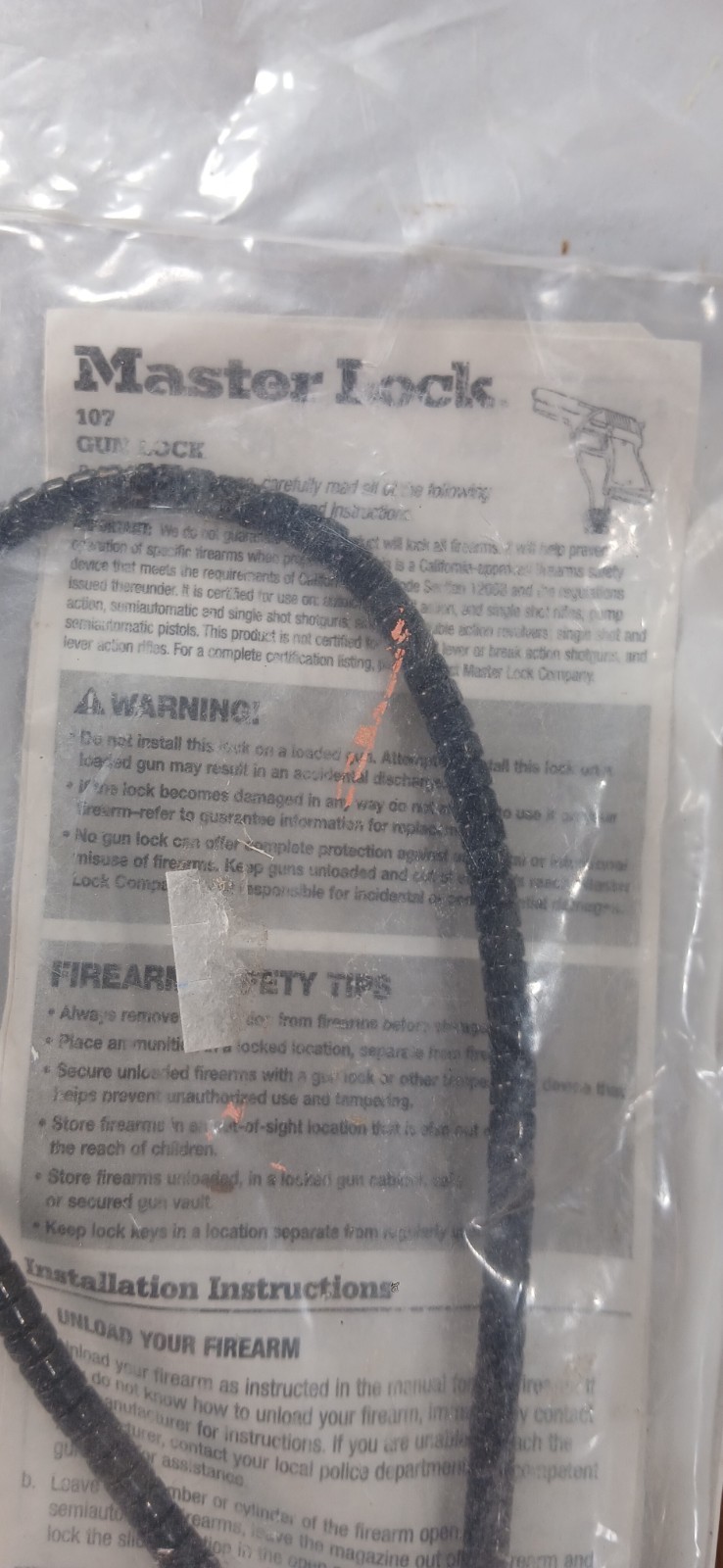 Master Lock 107 Gun Lock Cable Lock New, Safety Pad Lock NEW in Package
