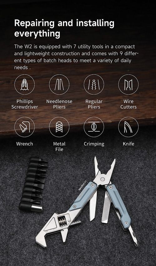 NexTool W2 Light Wrench Multitool Standard Tools Blue Stainless Belt Sheath