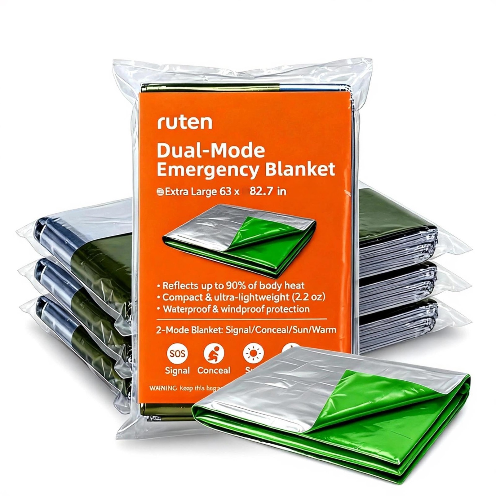Double-Sided Green/Silver Thermal Emergency Blanket (4-Pack) - Extra Large 63...