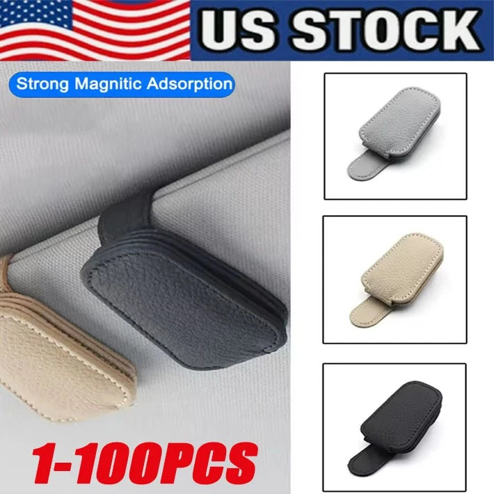 NEW Magnetic Leather Sunglasses Holder for Car Sun Visor Eyeglass Hanger Clip