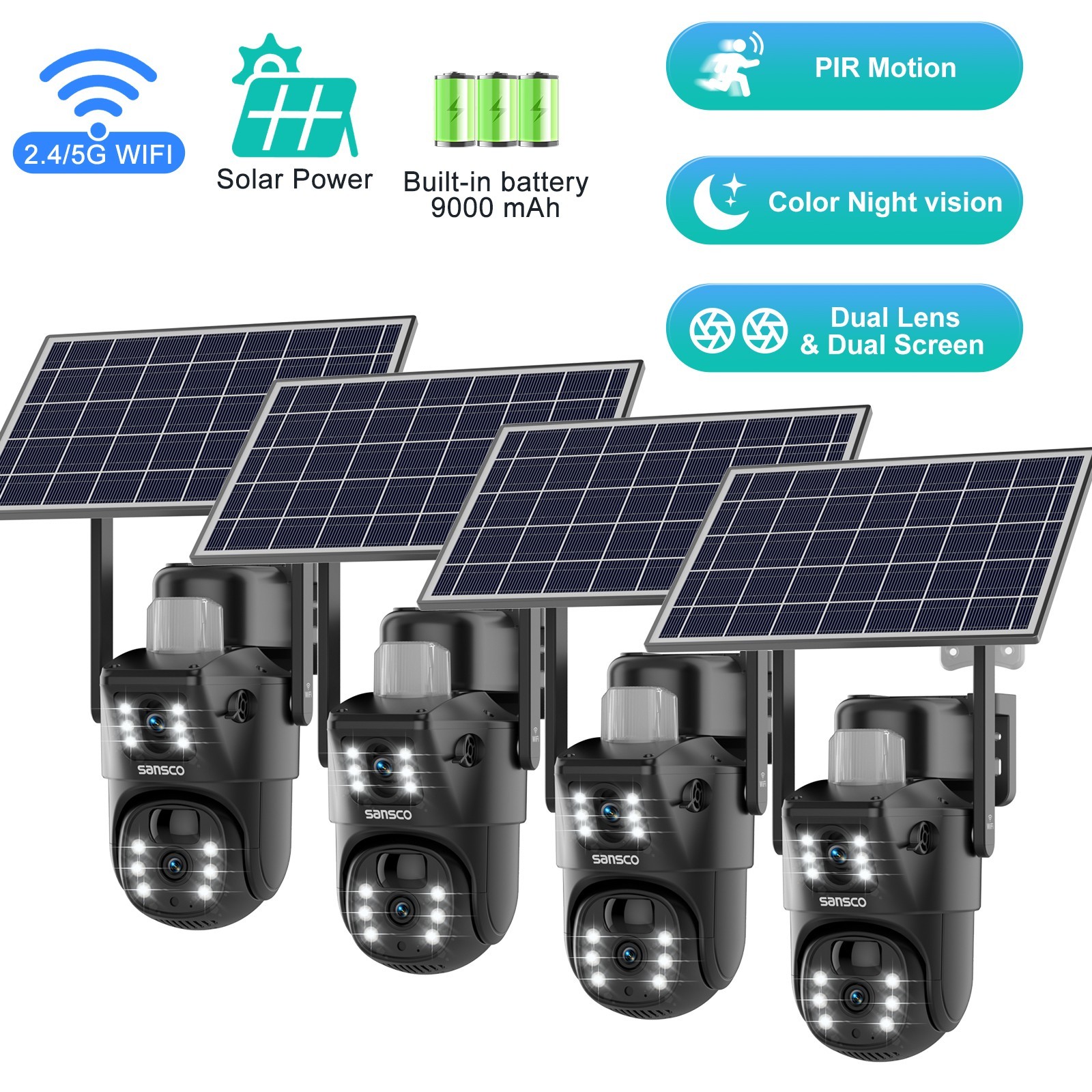 4pcs WIFI Home Security Camera System Solar Panel 4MP PTZ Wireless Outdoor Audio