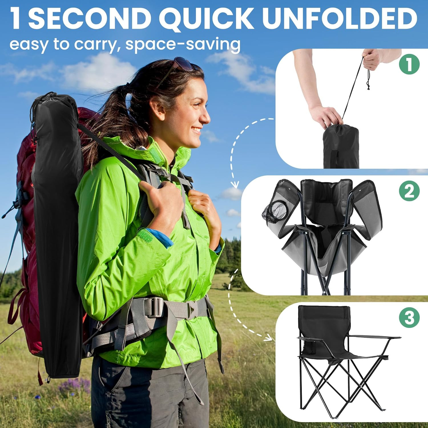 2-Pack Foldable Camping Chairs with Cup Holder, 300LB Lawn Portable Folding Chai