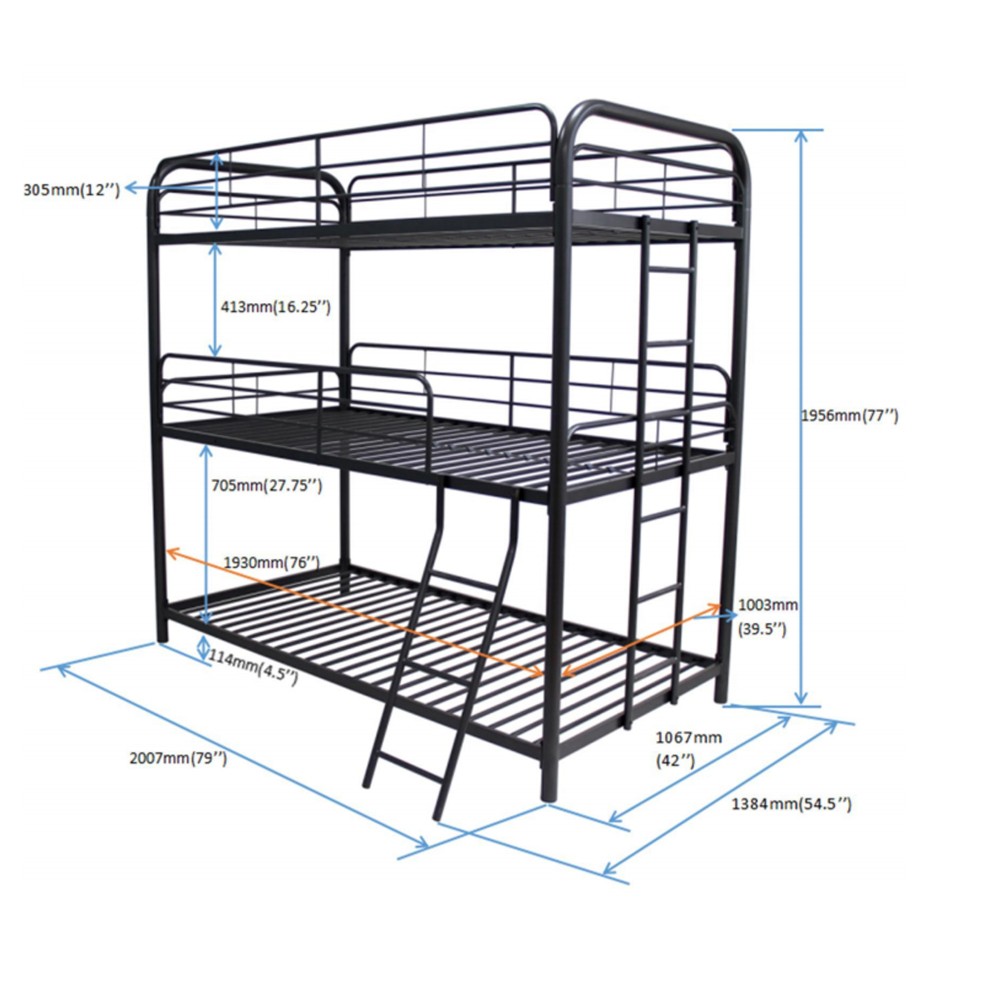 Triple Bunk Bed FULL over FULL over FULL | 3 Full Size Beds | Black Metal Frame