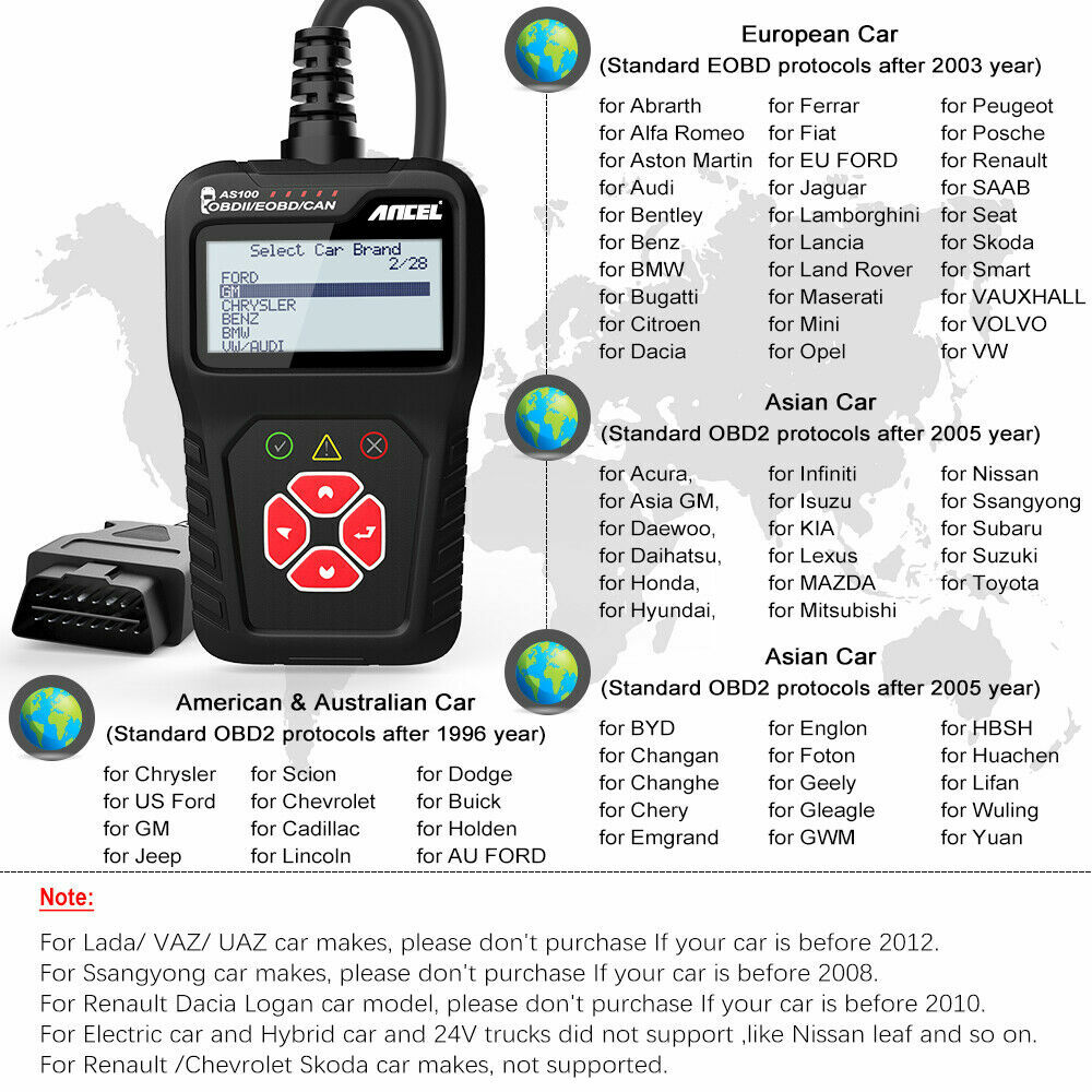 ANCEL AS100 OBD2 Scanner Code Reader Scanner Check Engine Fault Diagnostic Tool