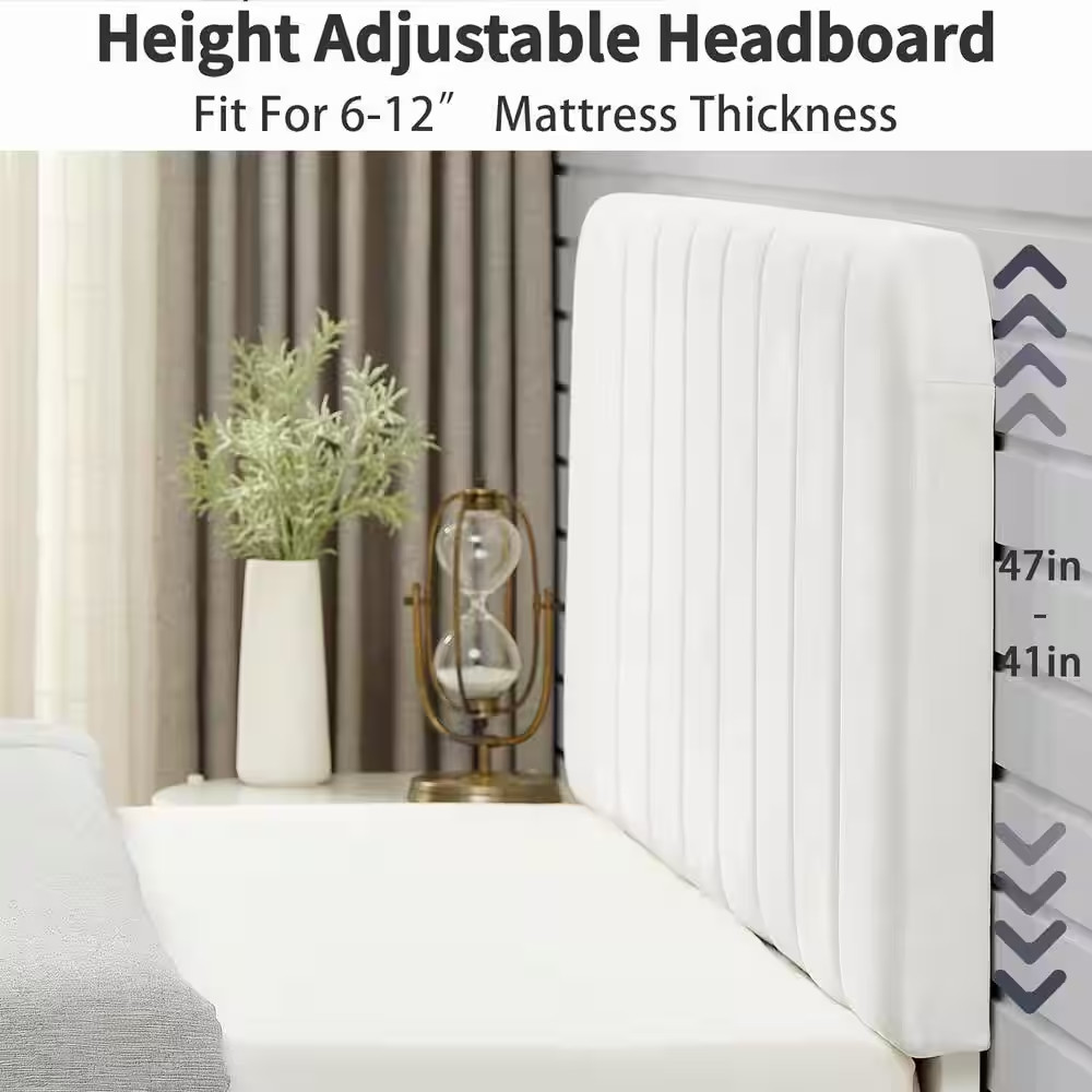 Upholstered Bed, White Queen Bed Platform Bed Frame with Adjustable Headboard, S