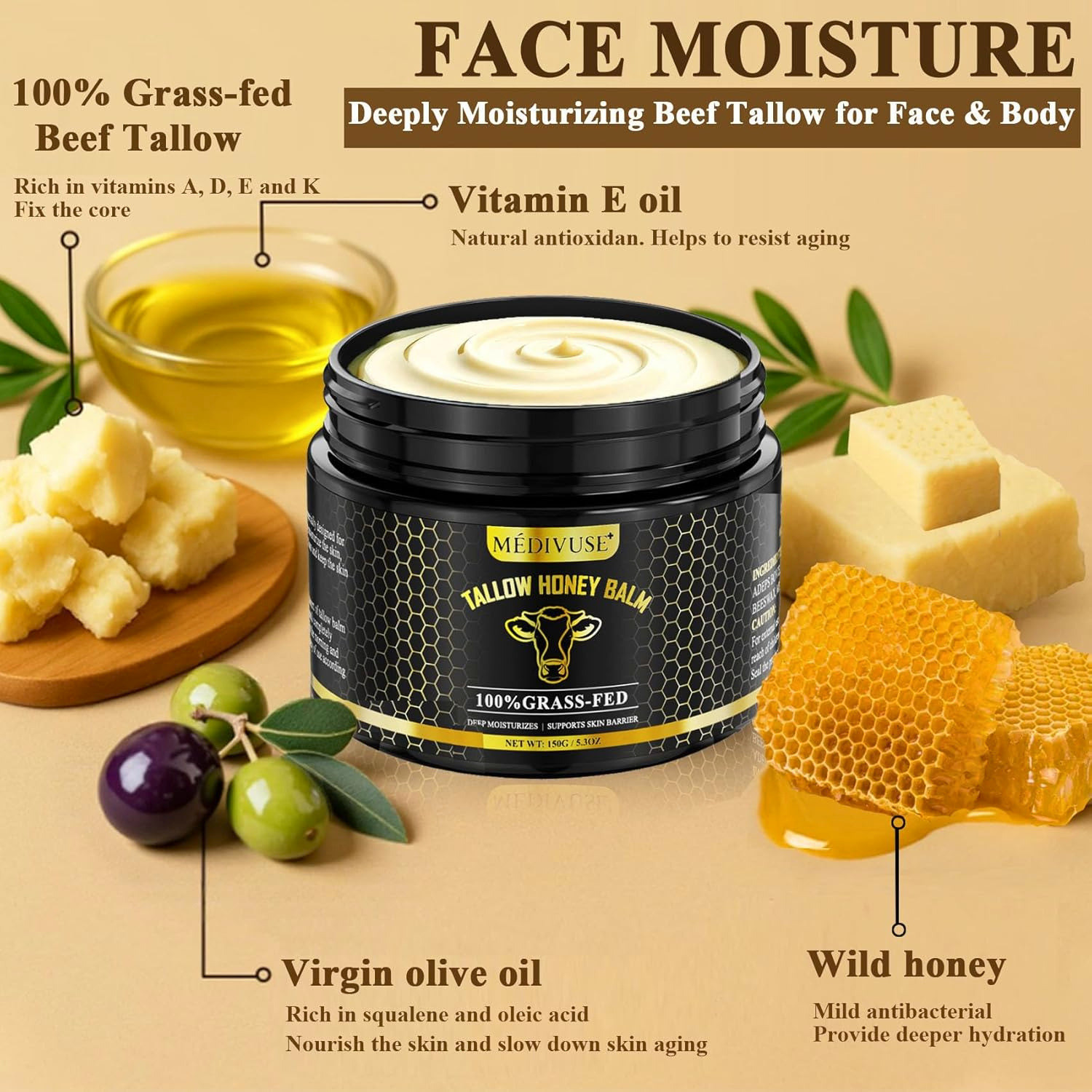Beef Tallow & Honey Balm for Skin Organic Grass-Fed Face Moisturizing Cream