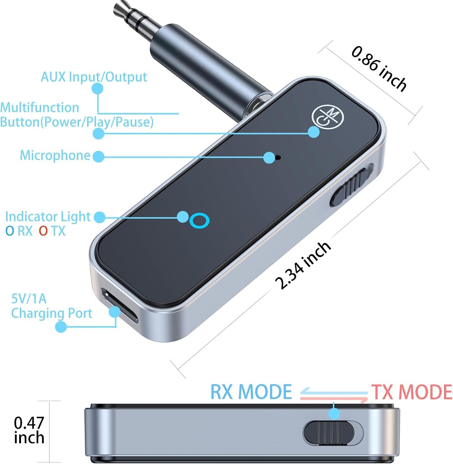Bluetooth 5.3 Transmitter Receiver for Airplane, 2-in-1 AUX Wireless Adapter ...