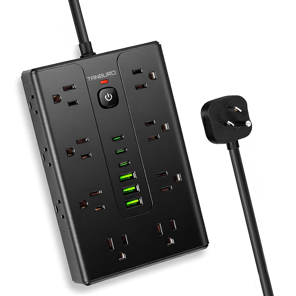 Flat Plug Power Strip with 16 Outlet Extension Cord USB Port Surge Protector
