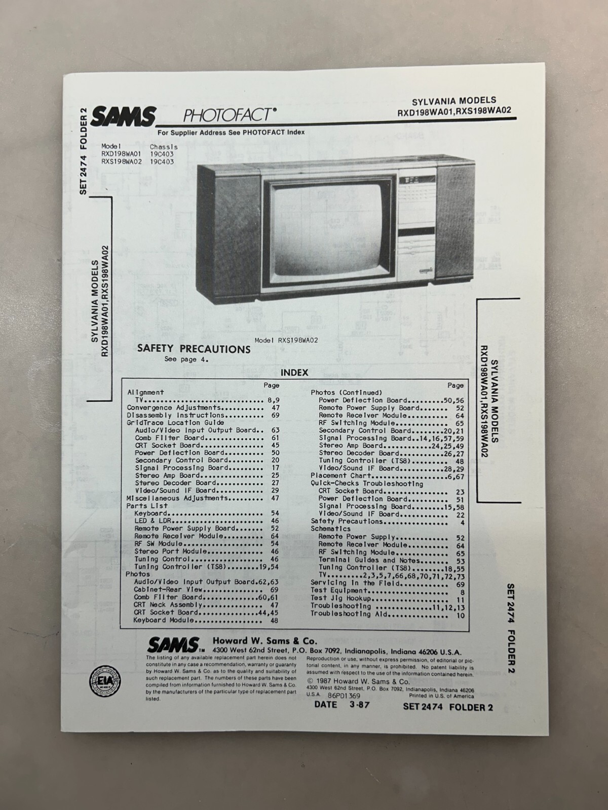 Sylvania RXD198WA01 RXS198WA02 Service Manual Sams Photofact Free Shipping