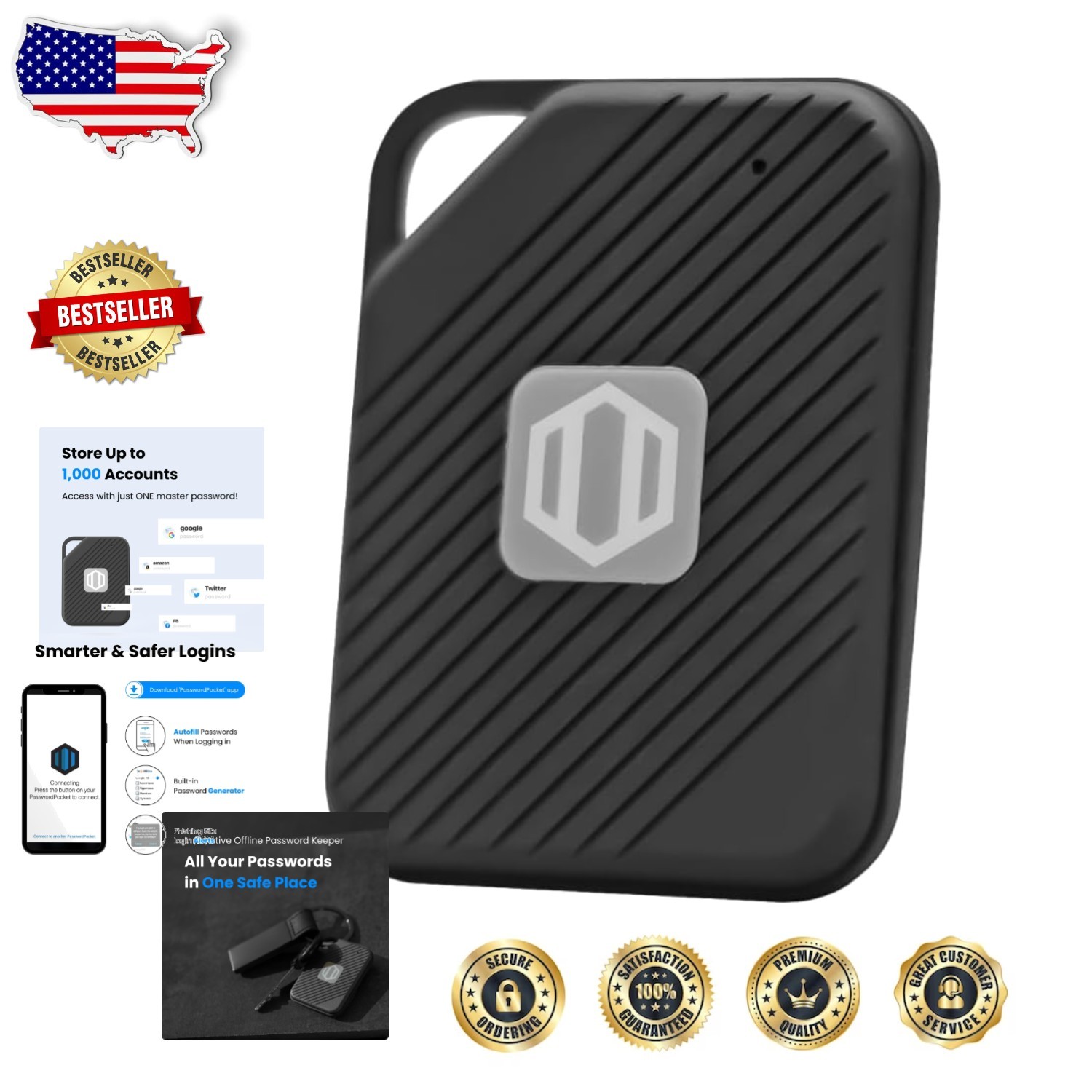 Secure Password Keeper 1000GB SSD Bluetooth Autofill Military Encryption Black