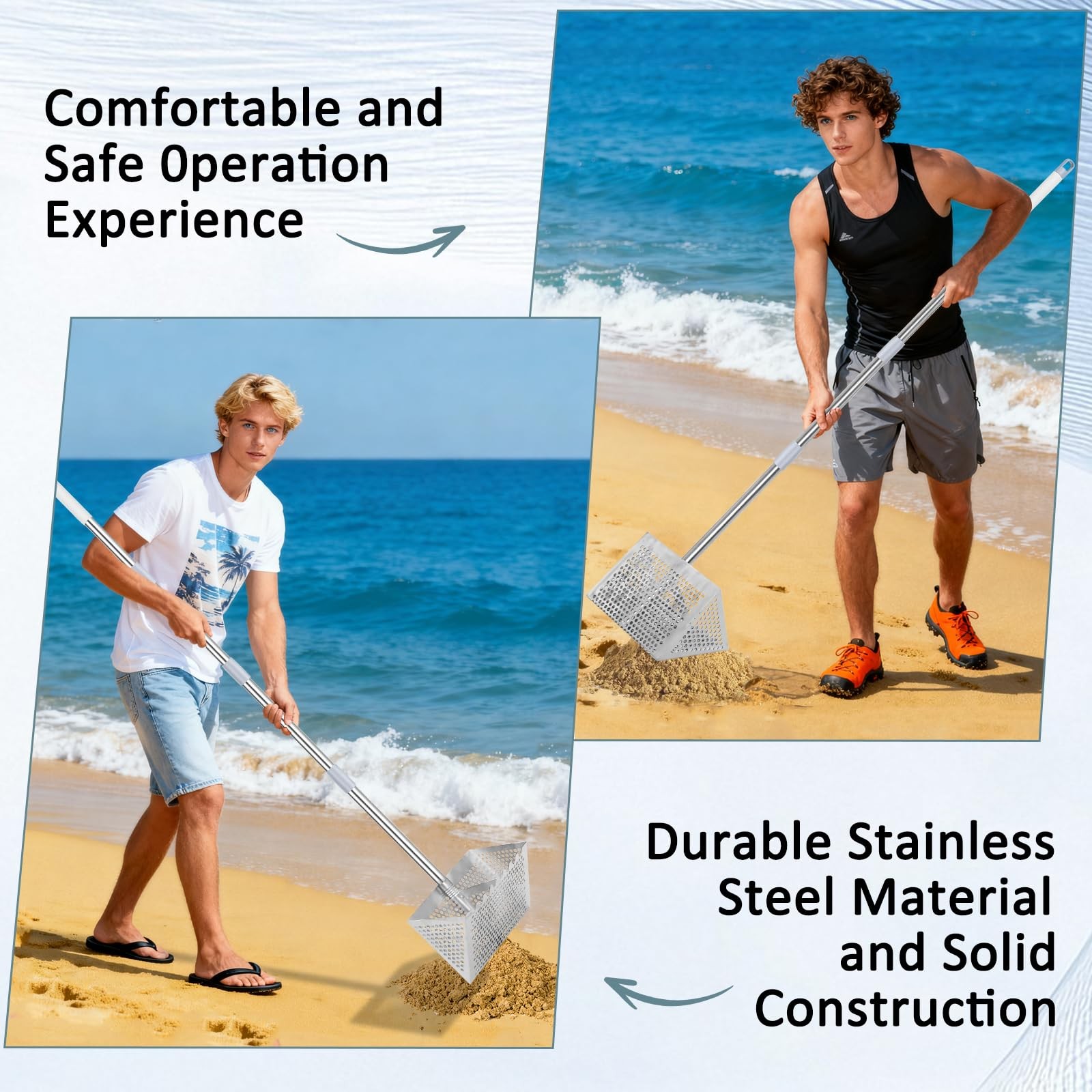 Sand Flea Rake, 65-Inch Long Handle Stainless Steel Sifter - Silver