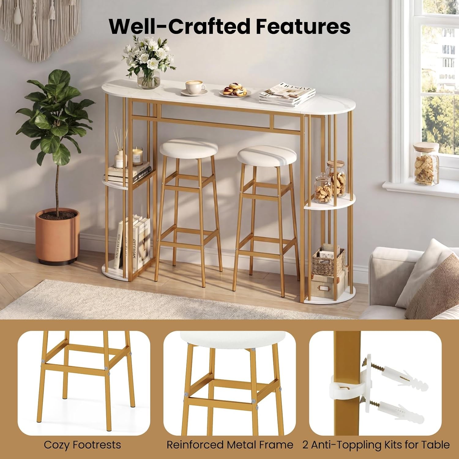 Bar Table Set for 2 with Storage Shelves, 60" Dining Table & 2 Upholstered