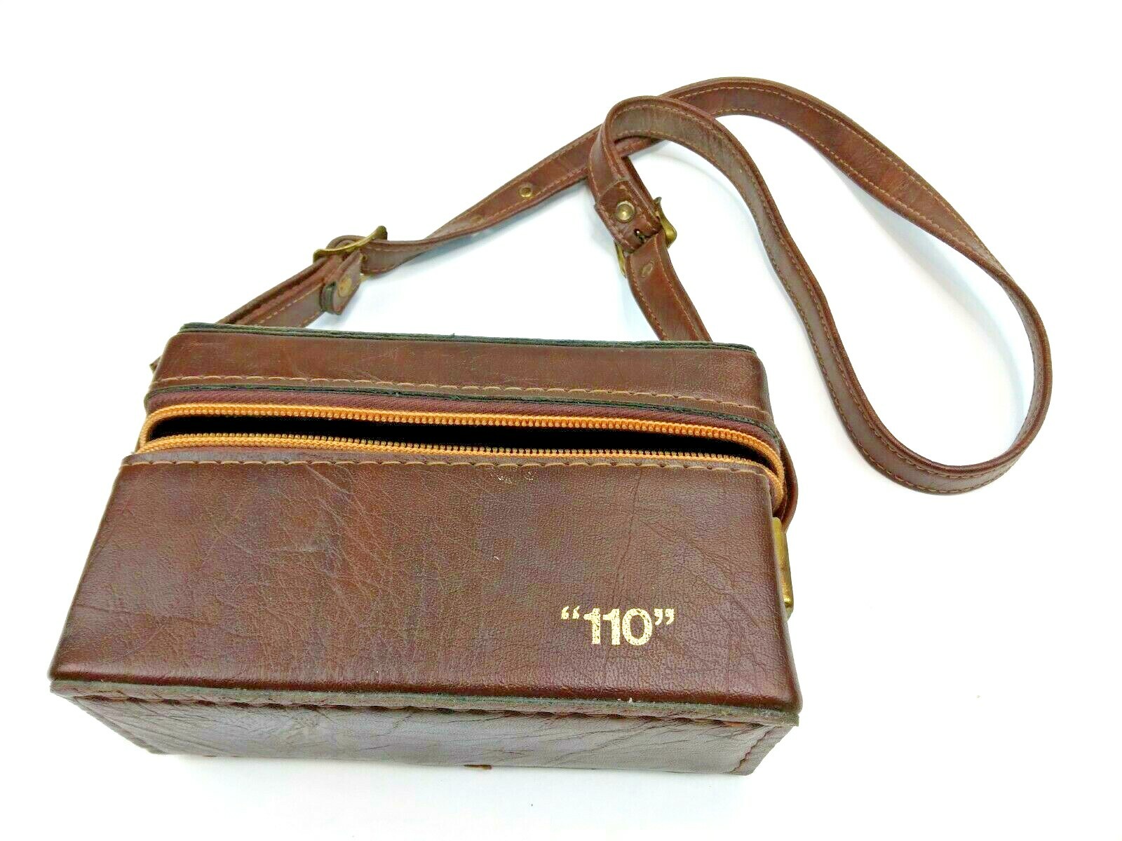 "110" LEATHER CAMERA CASE WITH  2-COMPARTMENTS AND LONG ADJUSTABLE STRAP