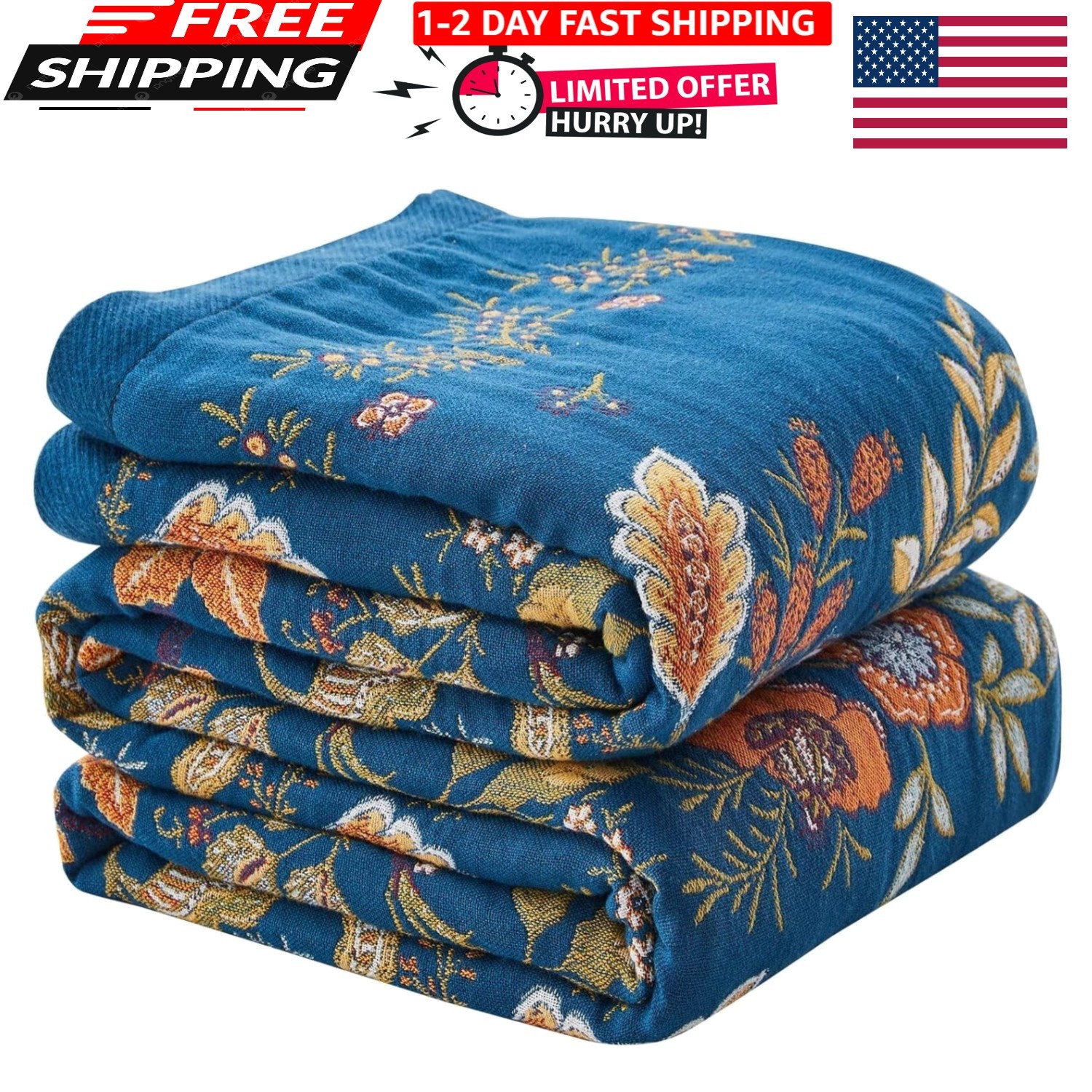 Boho Blanket Soft Muslin BohoThrow Blanket, 100% Cotton Floral Printed Farmho...