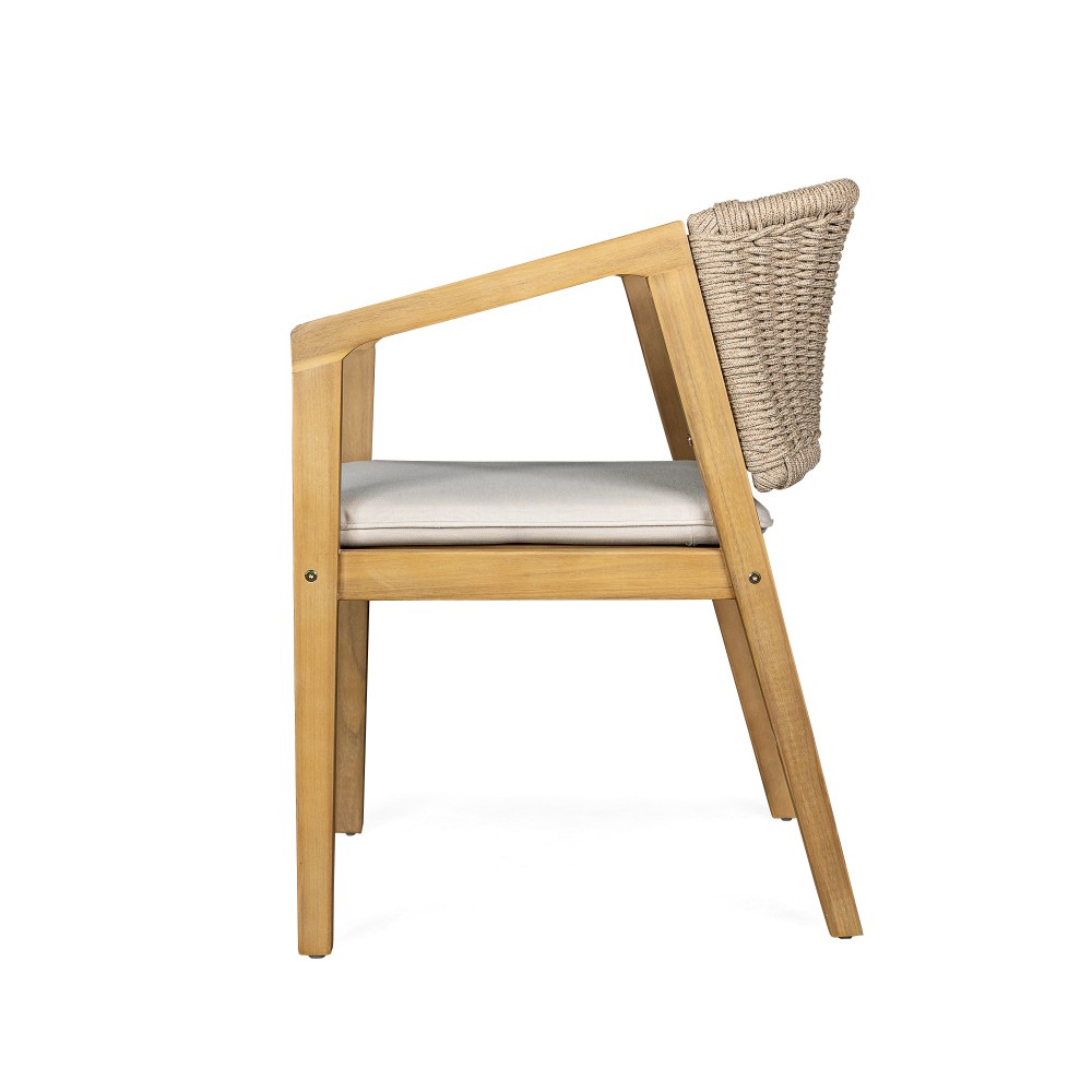 Dining Chair Set of 2 - Light Teak Acacia Wood, Patio Style with Rope Backrest