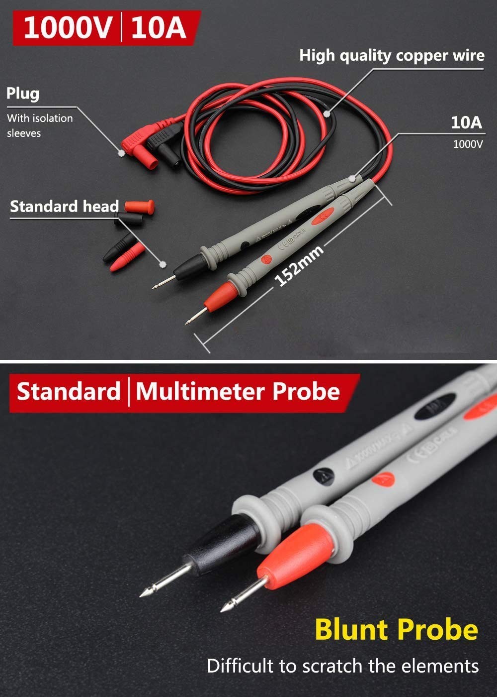 User-Friendly Banana Plug Multimeter Leads - Durable & Heat Resistant, 1000V