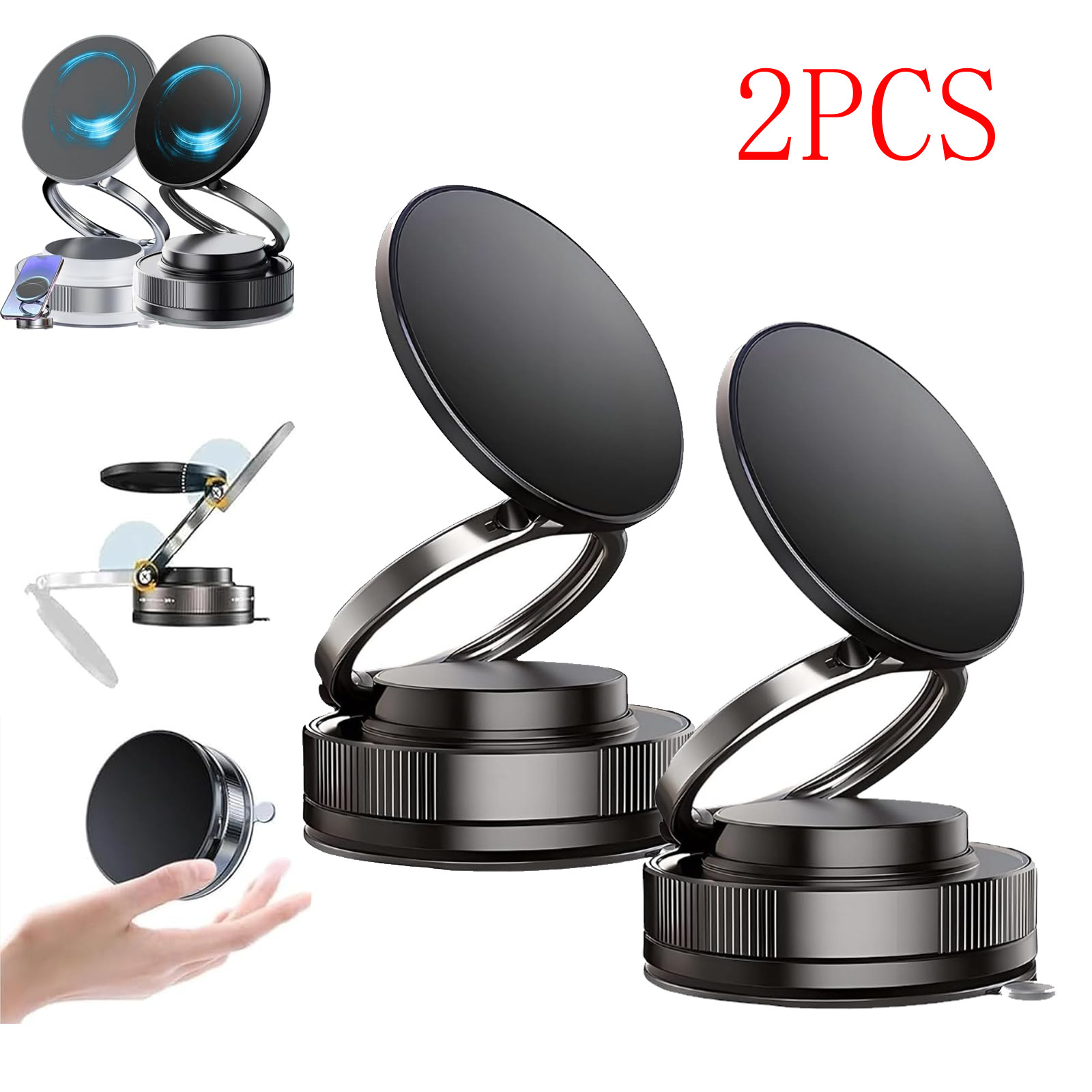 2PCS 360 Vacuum Magnetic Phone Holder Adjustable Suction Cup Car Mount Foldable